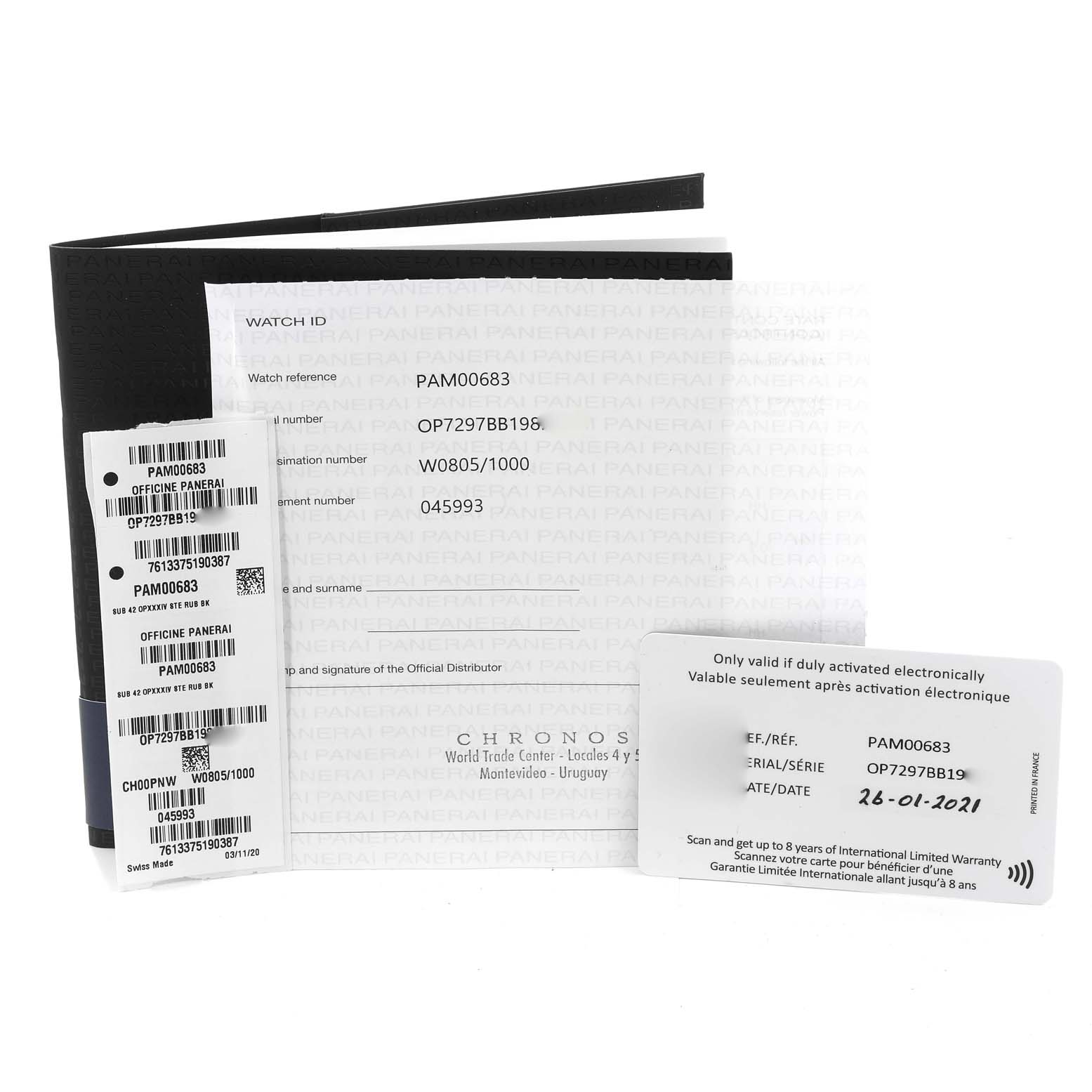 The image shows a black folder, tags, and warranty cards for the Panerai Submersible PAM00683 Men
s Stainless Steel Black Dial PAM00683 Men
s Stainless Steel Black Dial model PAM00683.