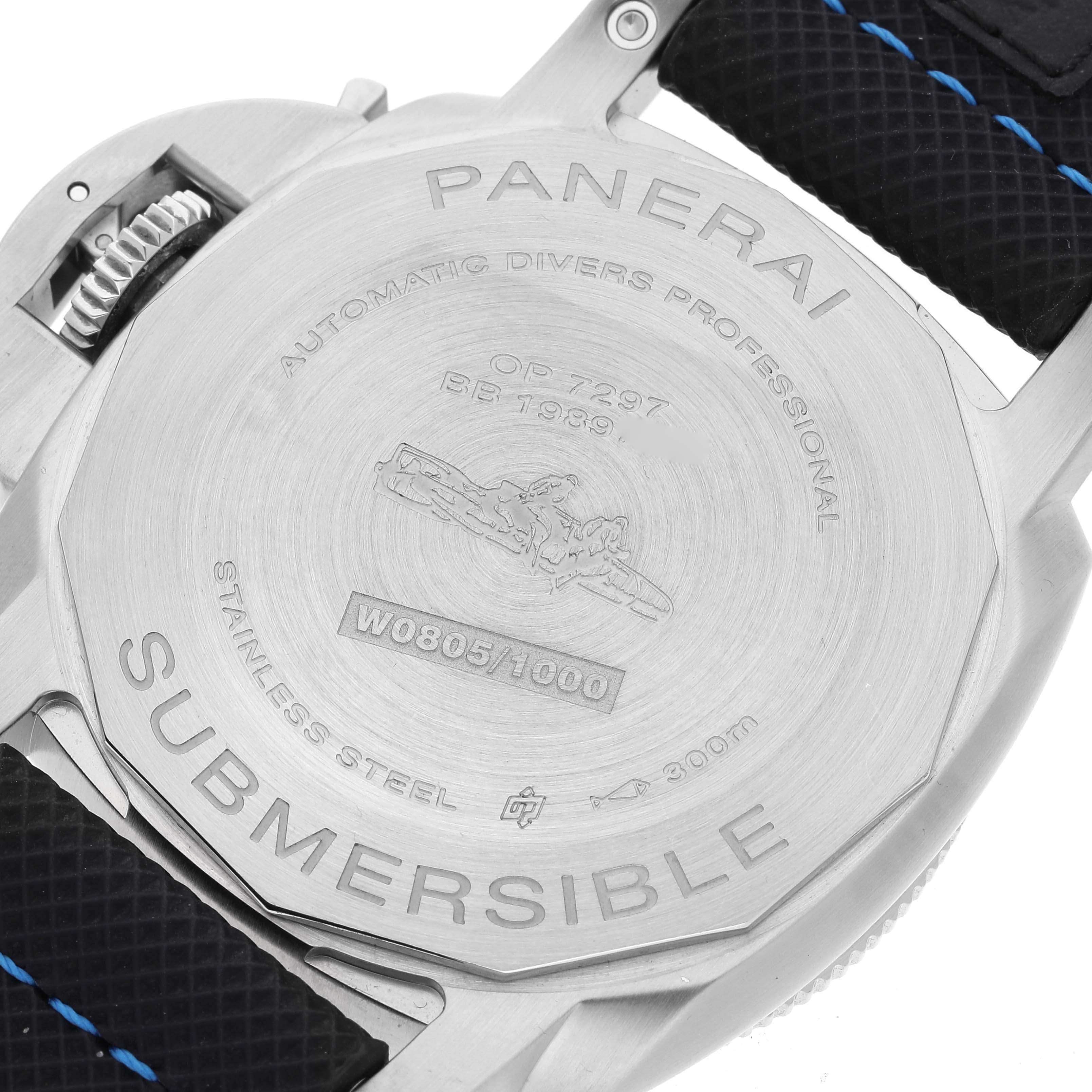 The image shows the back of the Panerai Submersible PAM00683 Men
s Stainless Steel Black Dial PAM00683 Men
s Stainless Steel Black Dial watch, highlighting the case back and part of the strap.