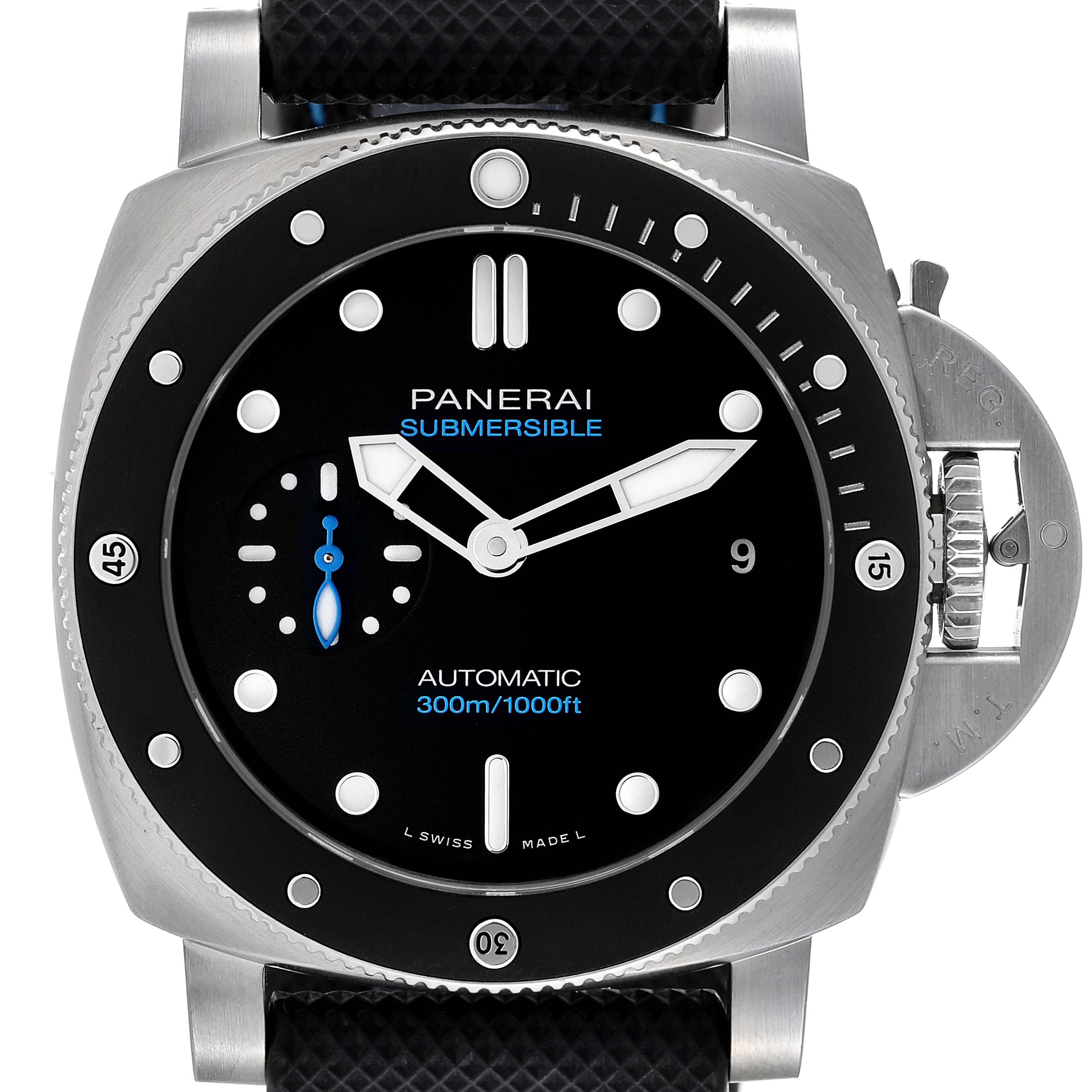 This image shows a front view of the Panerai Submersible PAM00683 Men
s Stainless Steel Black Dial PAM00683 Men
s Stainless Steel Black Dial watch, highlighting the dial, bezel, hands, and crown guard.