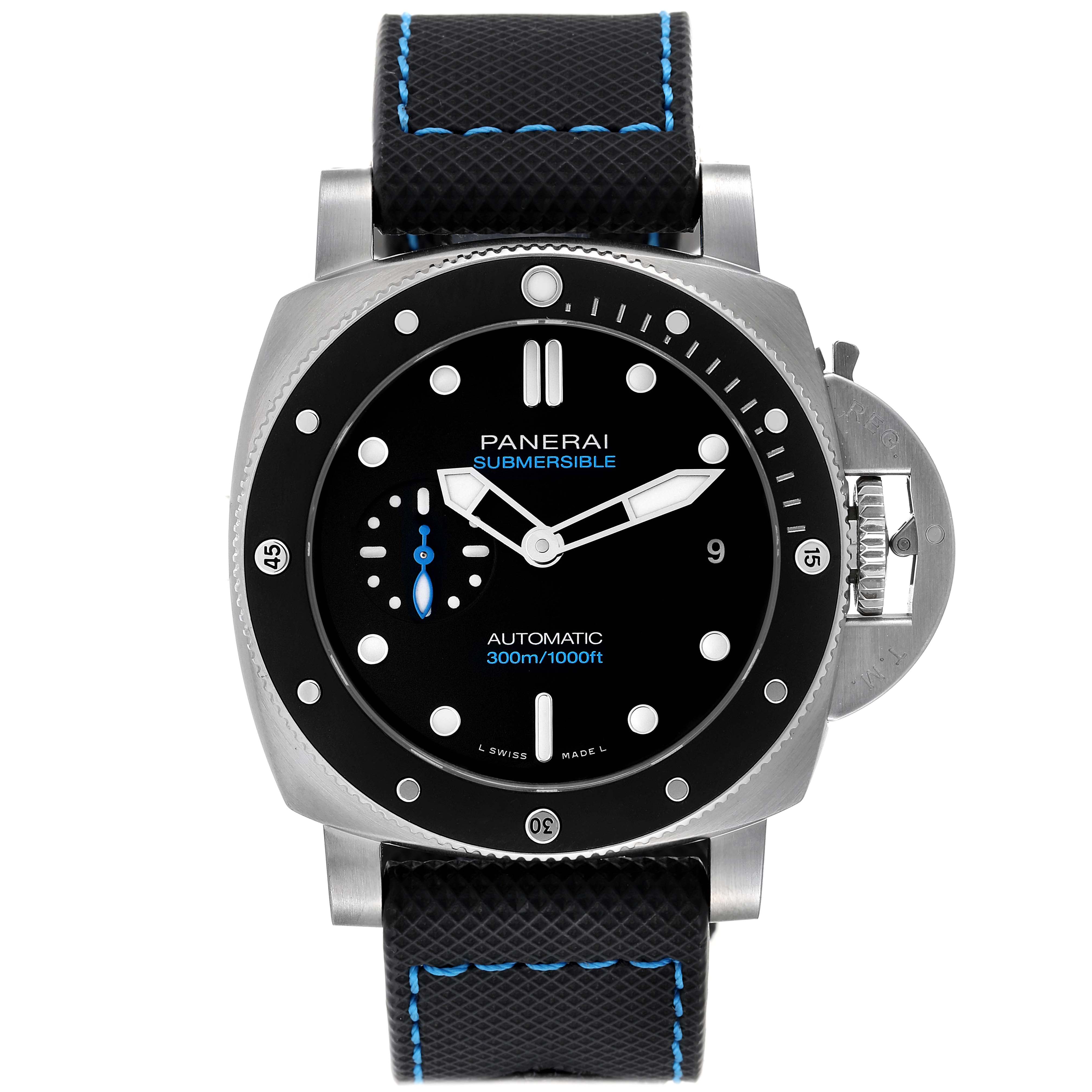 The image shows a front view of a Panerai Submersible PAM00683 Men
s Stainless Steel Black Dial PAM00683 Men
s Stainless Steel Black Dial watch, displaying the face, bezel, crown guard, and strap.