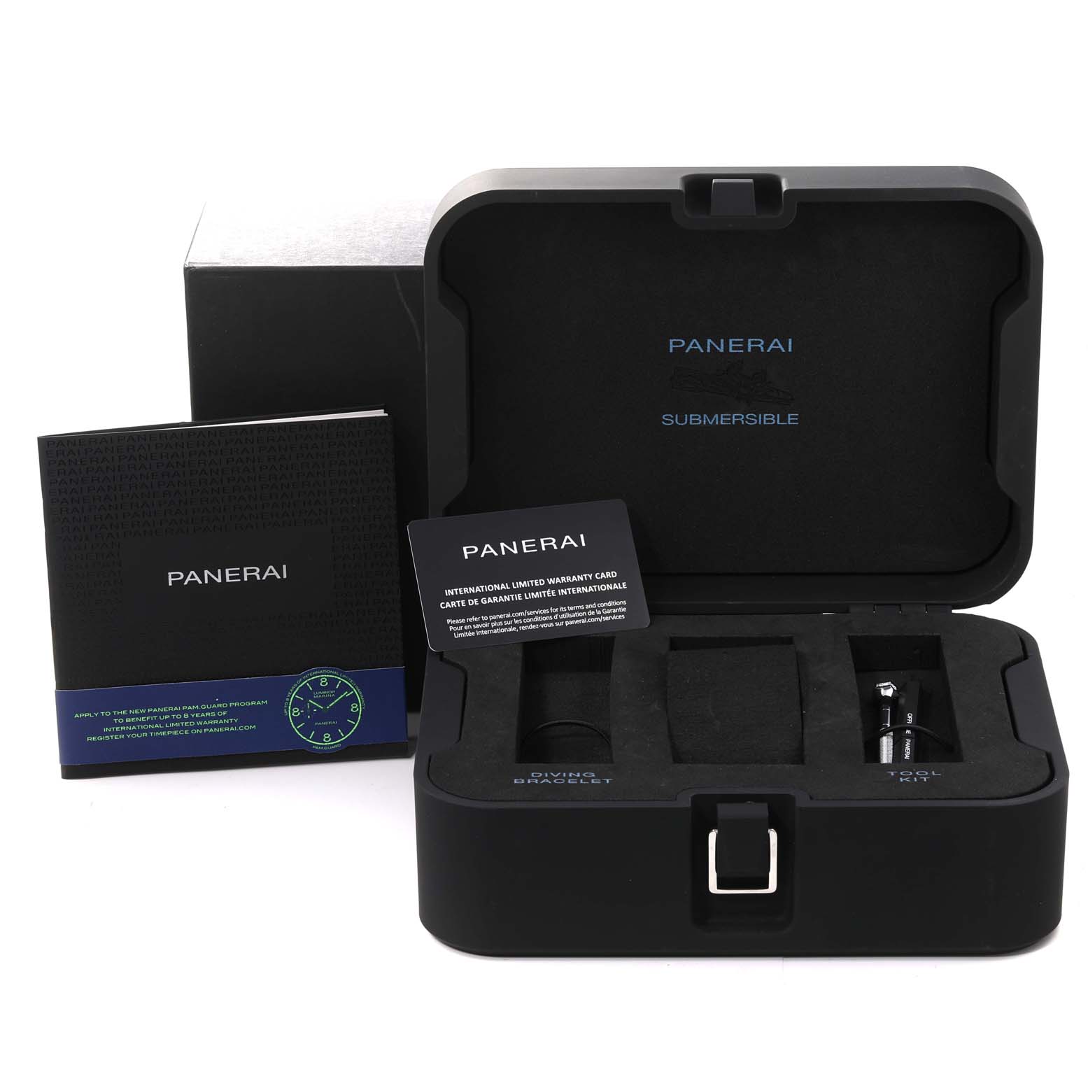 The image shows an open Panerai Submersible PAM00683 Men
s Stainless Steel Black Dial PAM00683 Men
s Stainless Steel Black Dial watch case, warranty card, and manuals from a front angle.