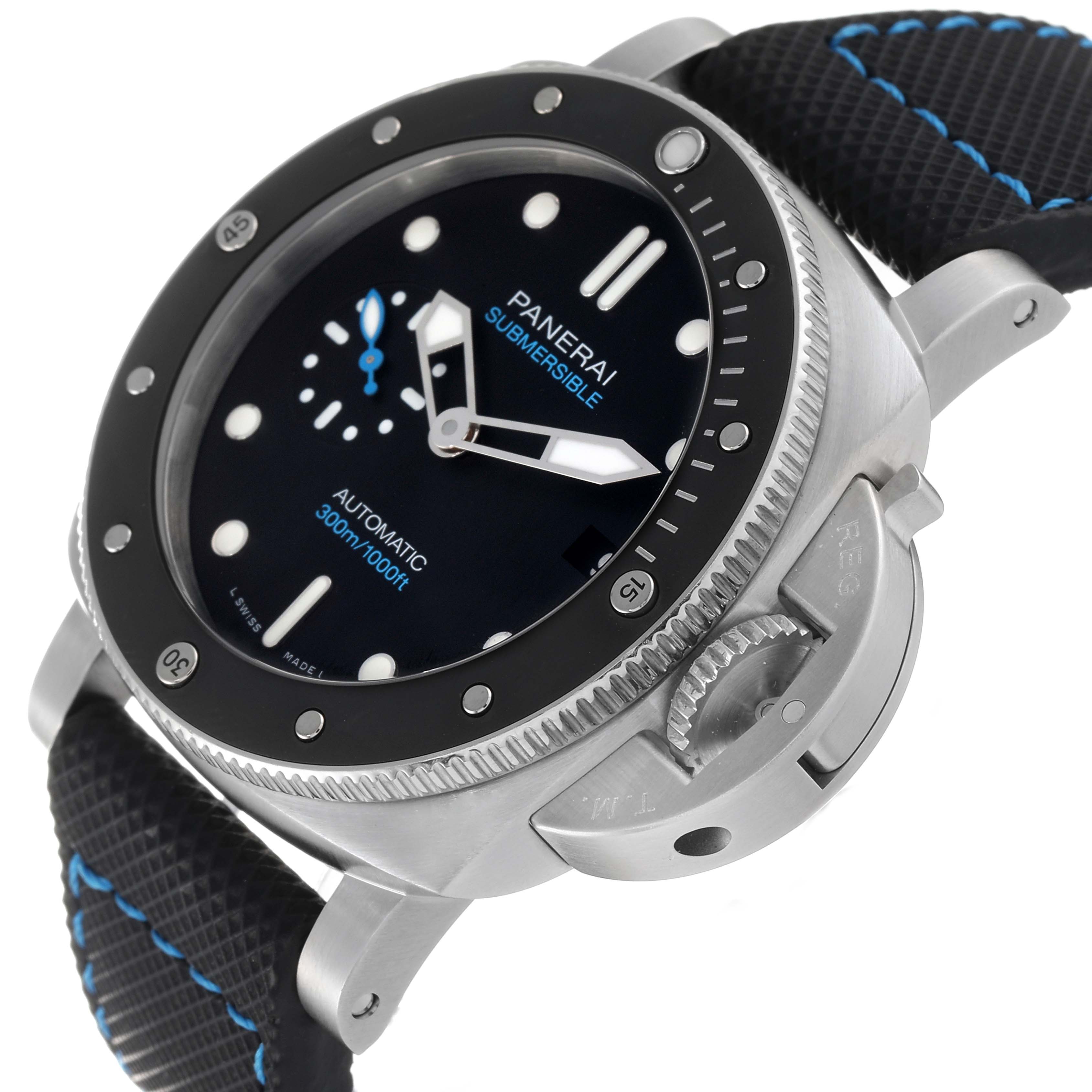 The image shows a close-up side angle of the Panerai Submersible PAM00683 Men
s Stainless Steel Black Dial PAM00683 Men
s Stainless Steel Black Dial watch, highlighting the dial, bezel, case, and strap.