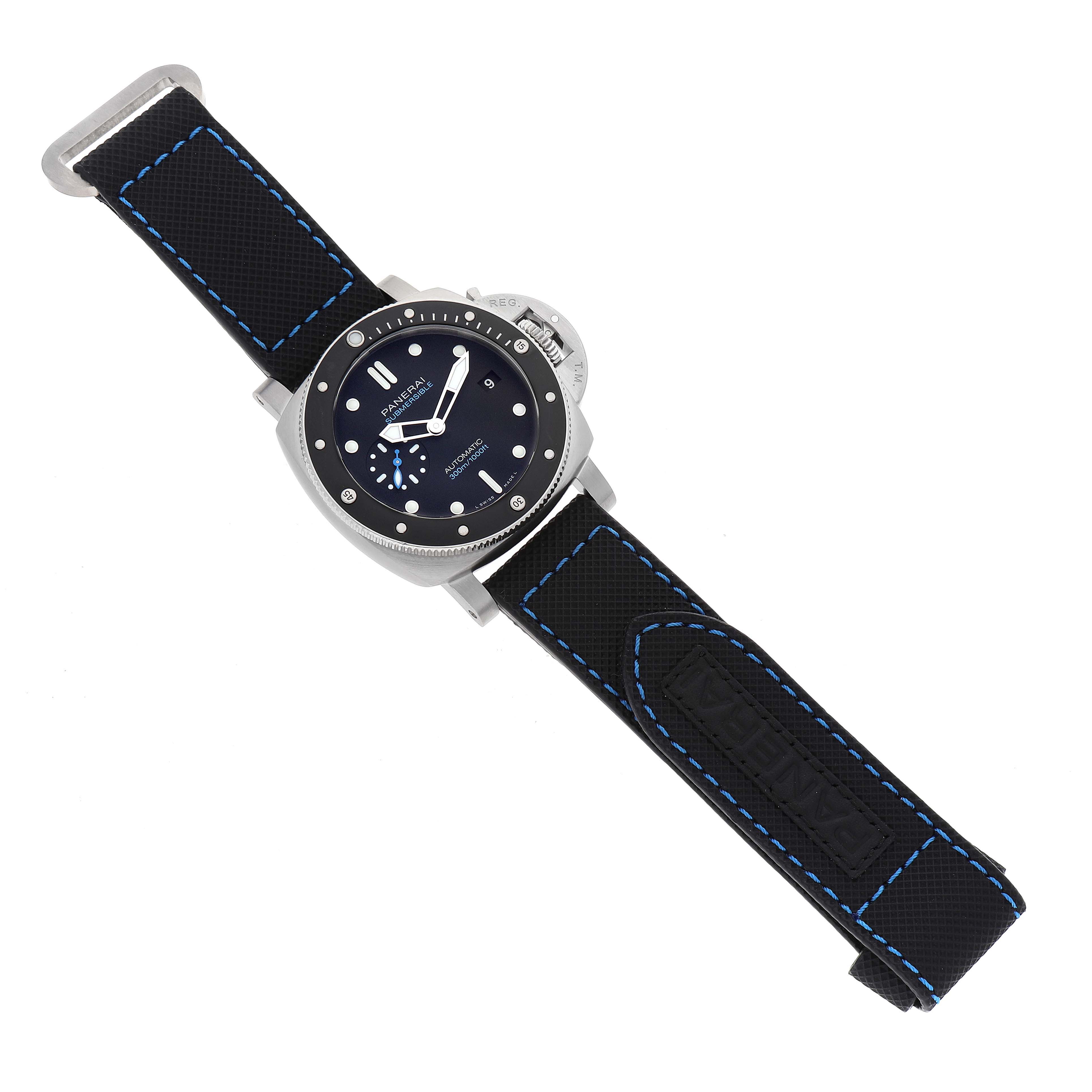 The Panerai Submersible PAM00683 Men
s Stainless Steel Black Dial PAM00683 Men
s Stainless Steel Black Dial watch is shown at a slight angle, highlighting the face, bezel, and strap with blue stitching.