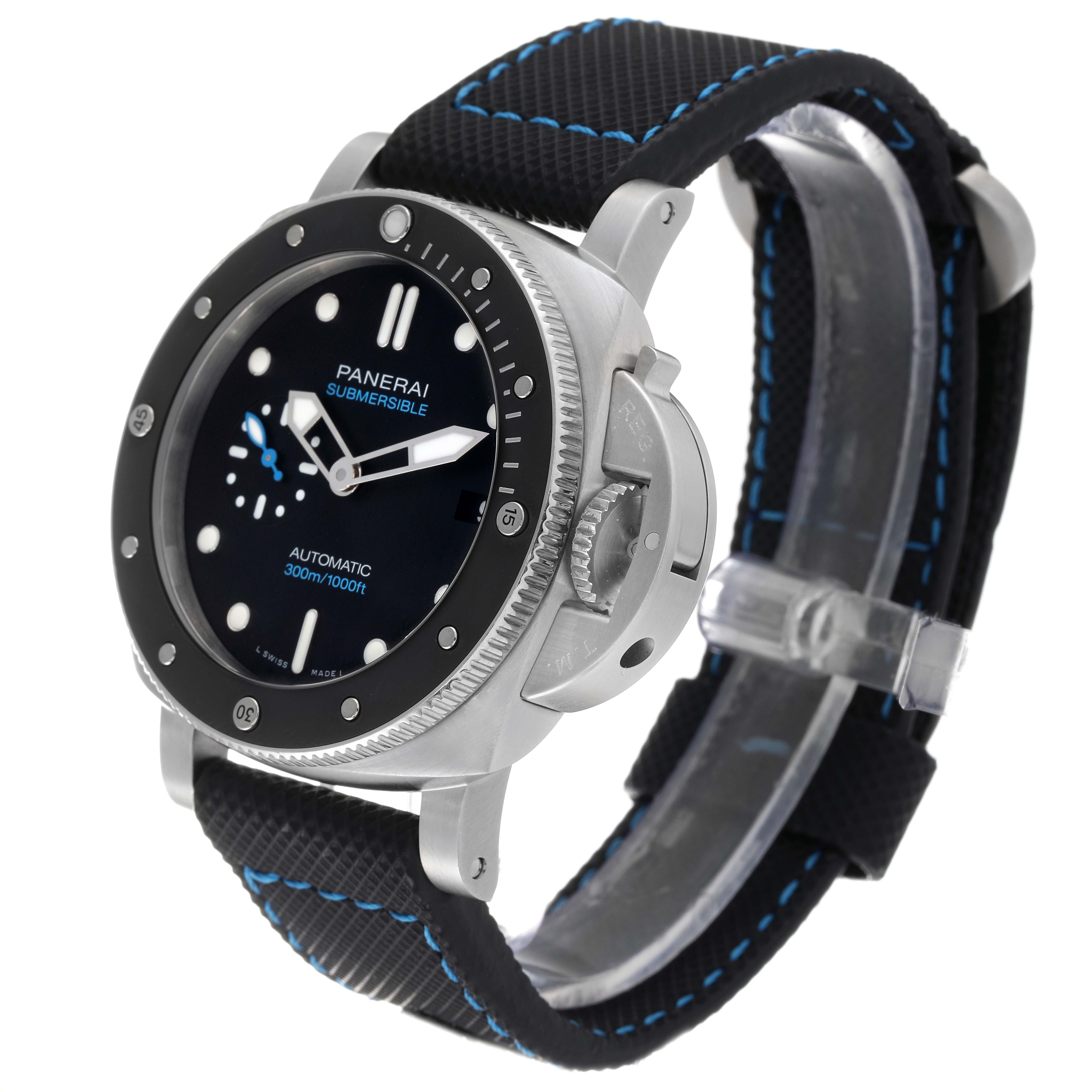 The Panerai Submersible PAM00683 Men
s Stainless Steel Black Dial PAM00683 Men
s Stainless Steel Black Dial watch is shown at a three-quarter angle, highlighting the bezel, dial, and textured band.