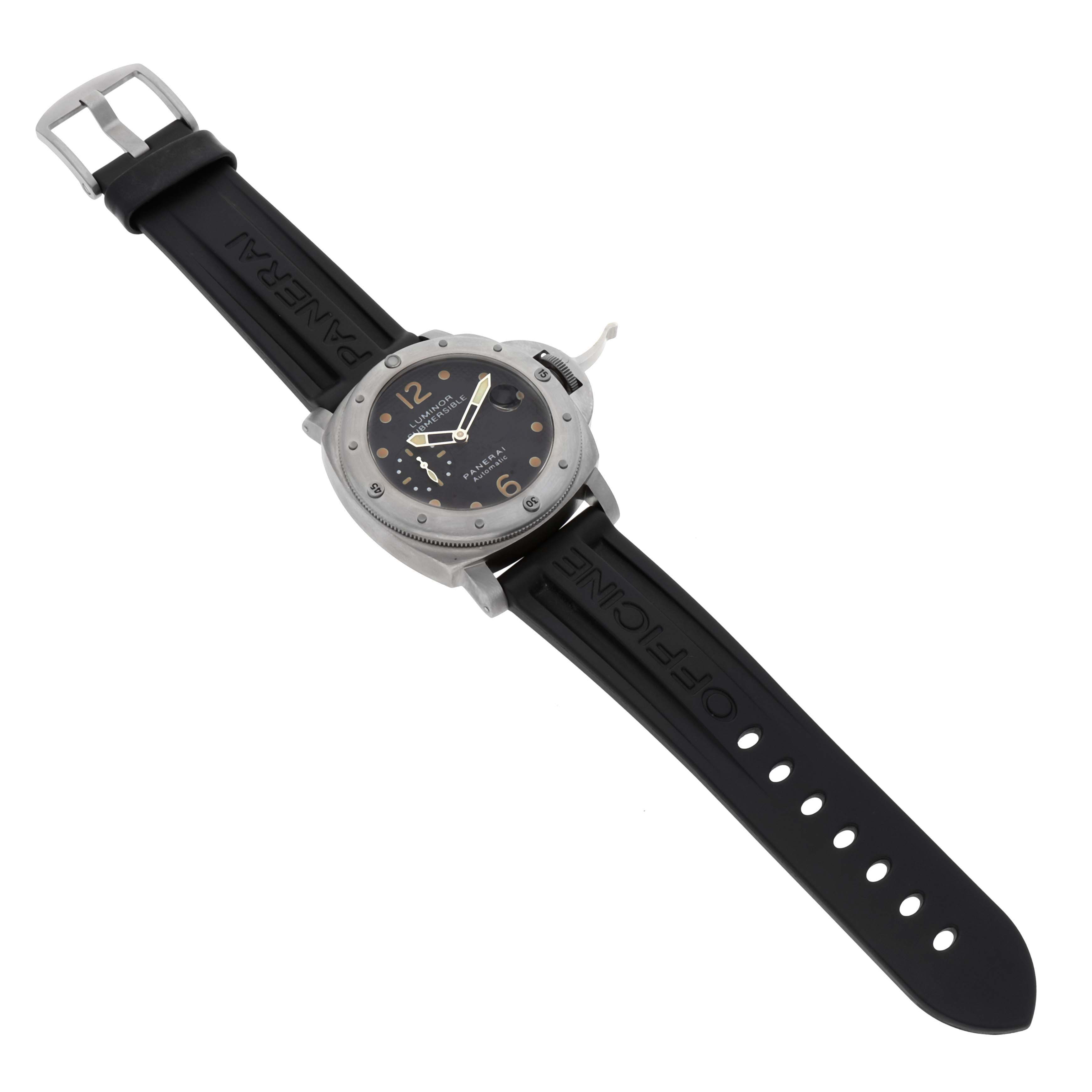 The image shows a top view of a Panerai Submersible PAM00025 Men's Titanium Black Dial PAM00025 Men's Titanium Black Dial watch with a black rubber strap and silver buckle.