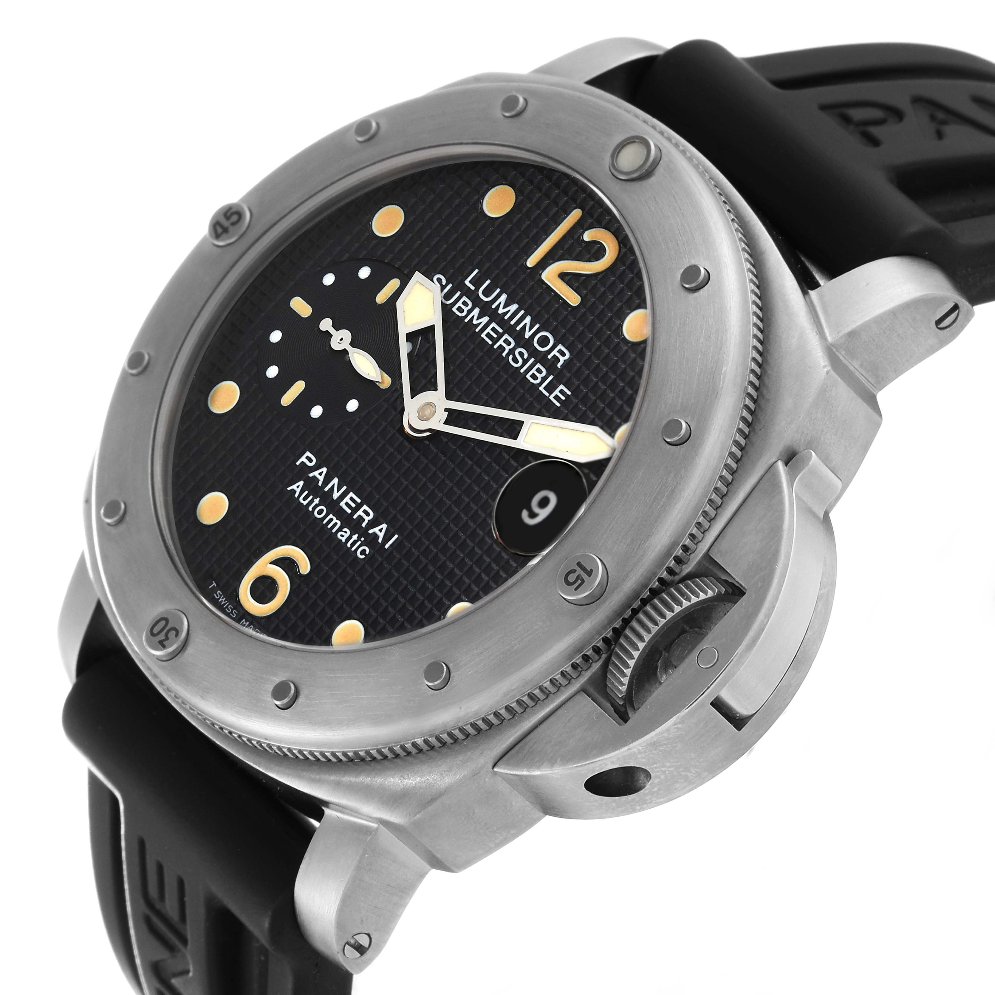 This image shows a side profile of the Panerai Submersible PAM00025 Men's Titanium Black Dial PAM00025 Men's Titanium Black Dial watch, highlighting the bezel, crown guard, dial, and part of the strap.