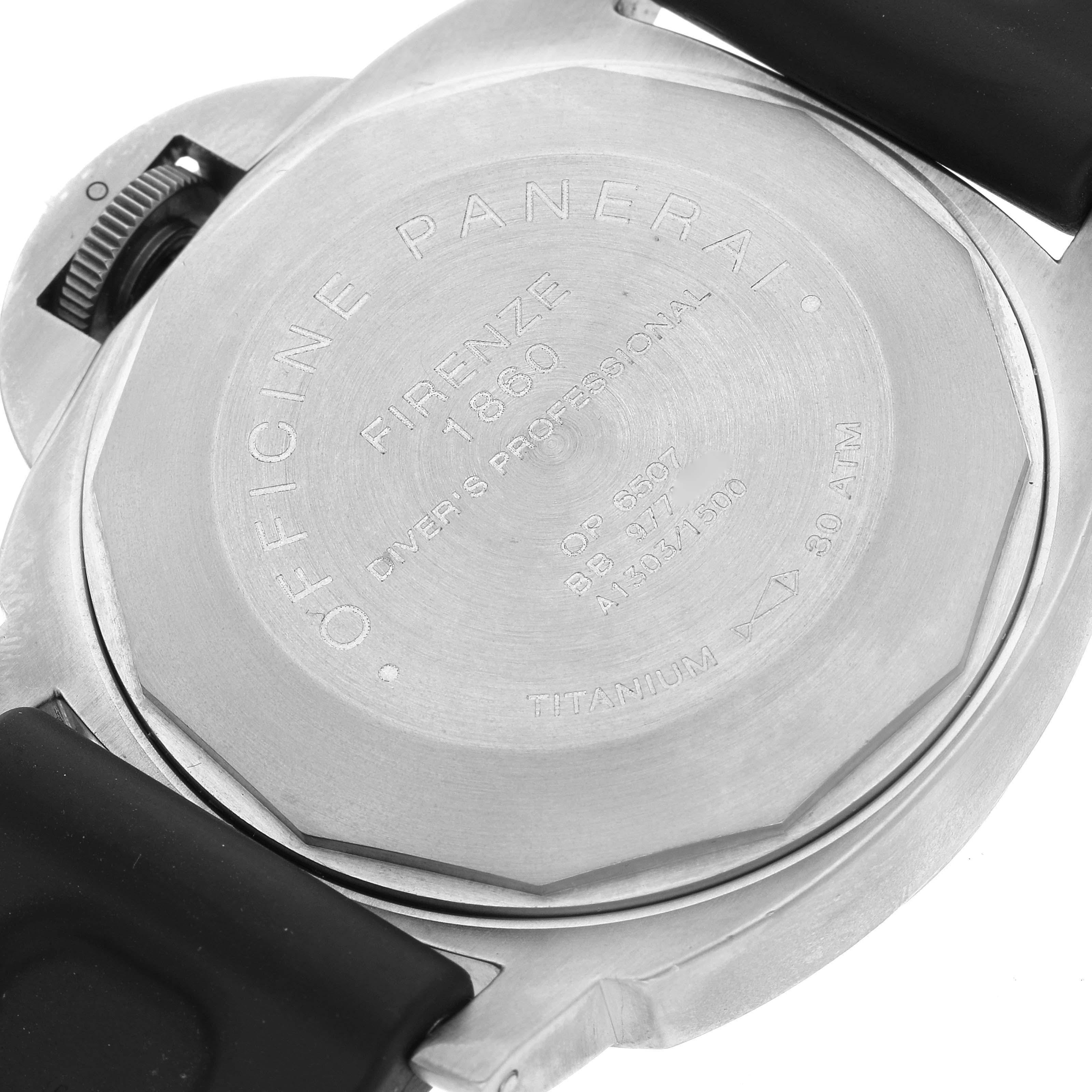 The image shows the back case of a Panerai Submersible PAM00025 Men's Titanium Black Dial PAM00025 Men's Titanium Black Dial watch, displaying engravings and the strap attachment.