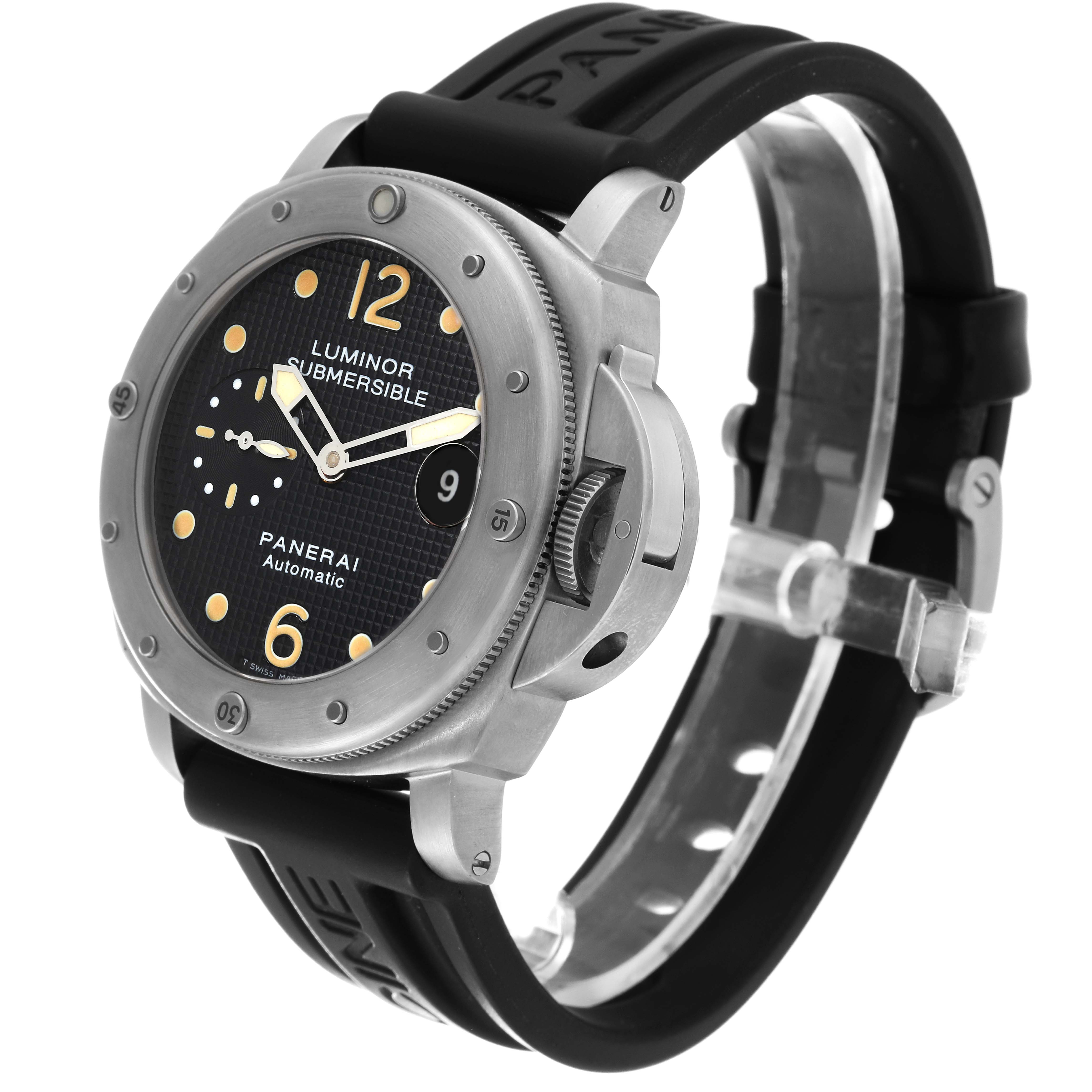 The Panerai Luminor Submersible watch is shown at a slight angle, displaying its face, bezel, and black rubber strap.