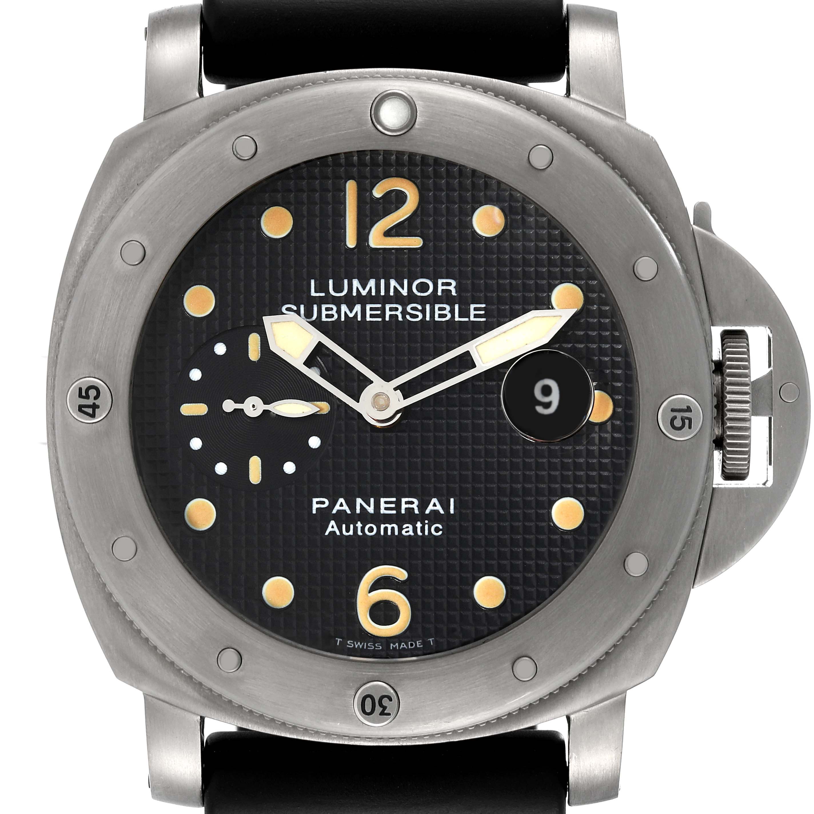 This is a front view of a Panerai Luminor Submersible watch, showing the dial, bezel, and crown guard.