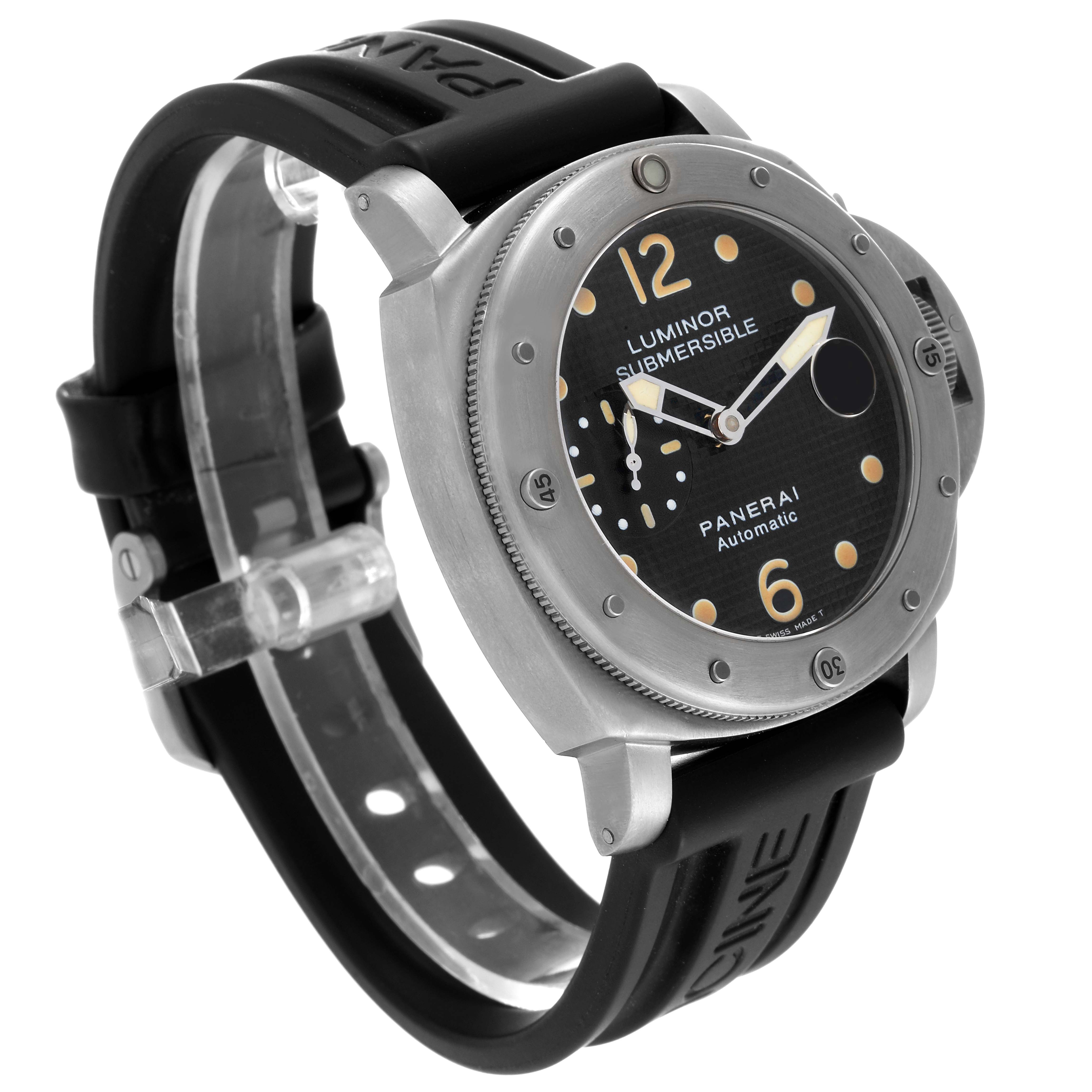This Panerai Submersible PAM00025 Men's Titanium Black Dial PAM00025 Men's Titanium Black Dial watch is shown from a 3/4 angle displaying the bezel, face, straps, and crown guard.
