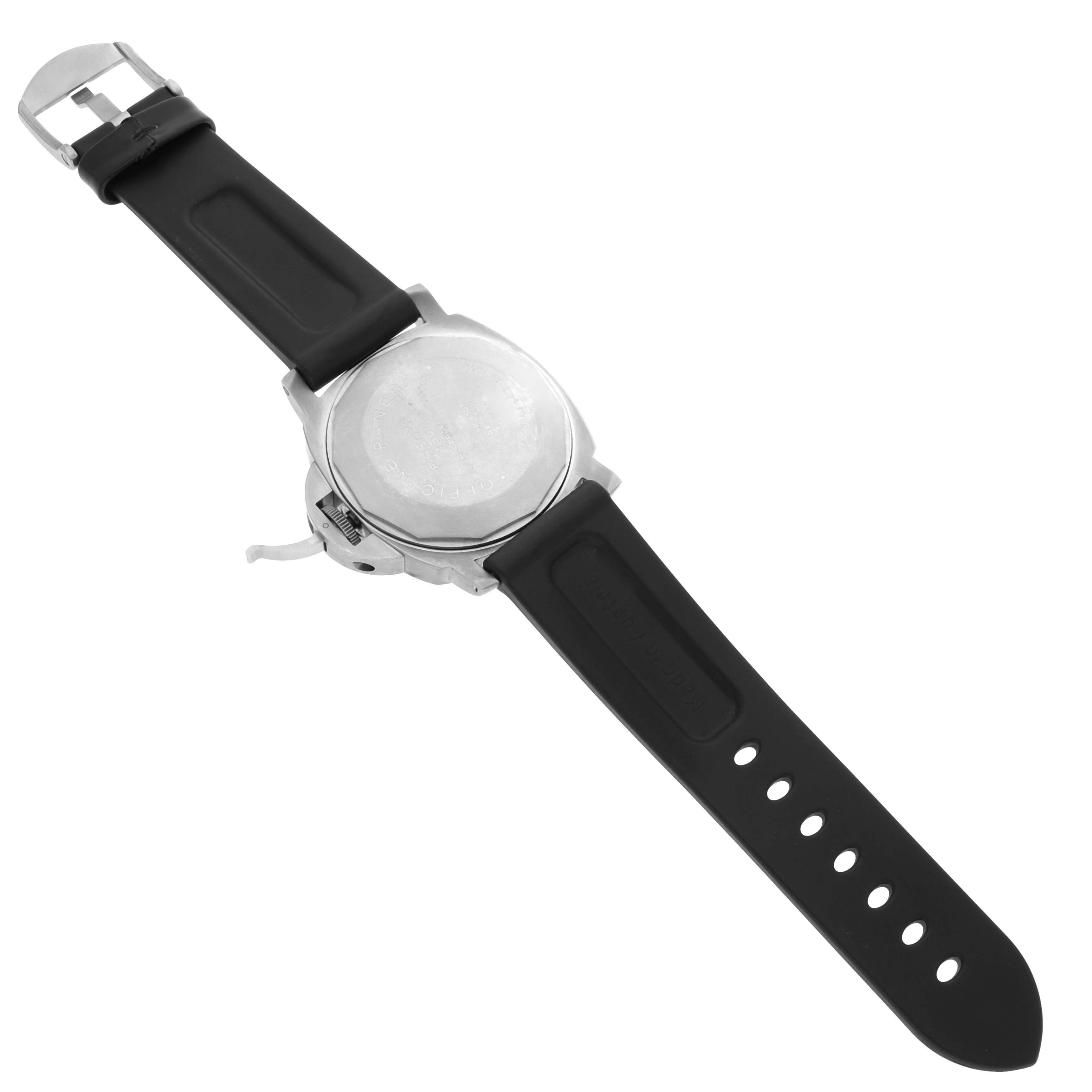 The image shows the back and strap of the Panerai Submersible PAM00025 Men's Titanium Black Dial PAM00025 Men's Titanium Black Dial watch from a top view.