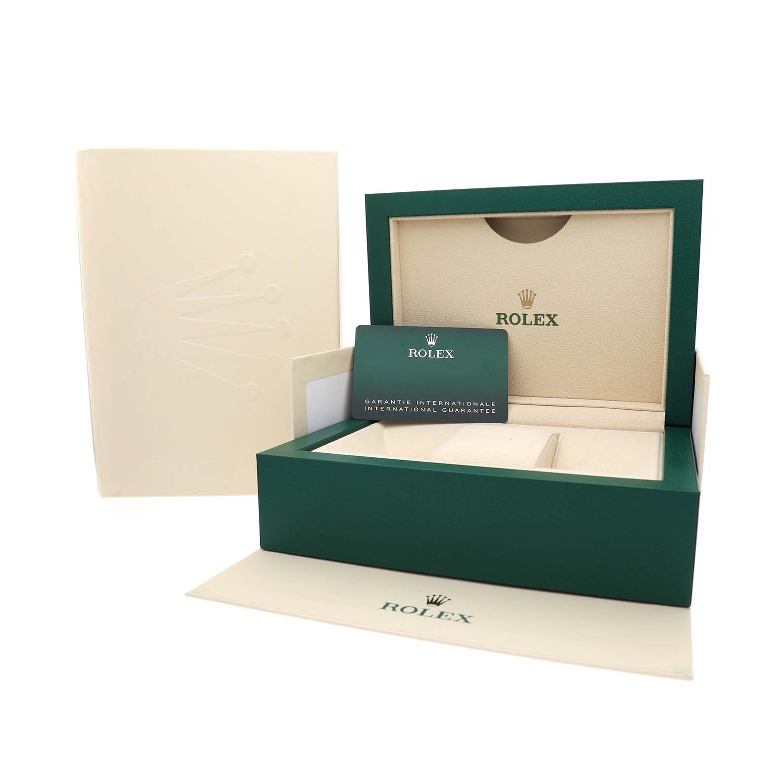 The image shows the Rolex 1908 52506 Men's Platinum Blue Dial model's green watch box, guarantee card, and accompanying packaging.