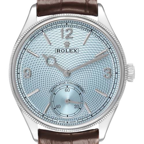 The Rolex 1908 52506 Men's Platinum Blue Dial watch is shown from the front, highlighting its face, bezel, and crown.