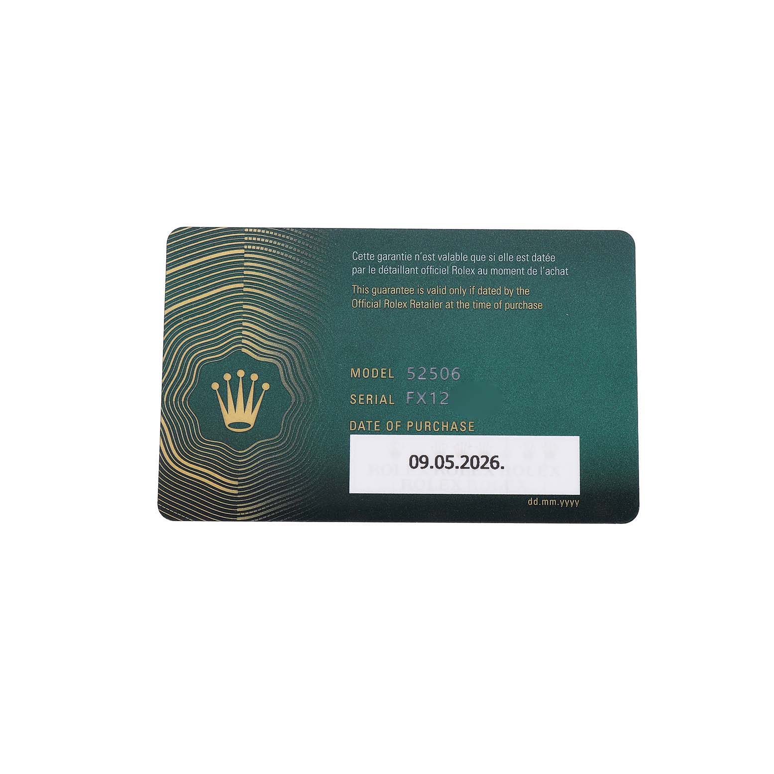 The image shows a warranty card for a 1908 model Rolex watch, featuring model and serial numbers.