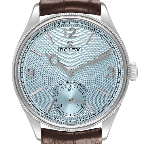 The Rolex 1908 52506 Men's Platinum Blue Dial watch is shown from a frontal angle, highlighting its light blue dial, leather strap, and subdial for seconds.