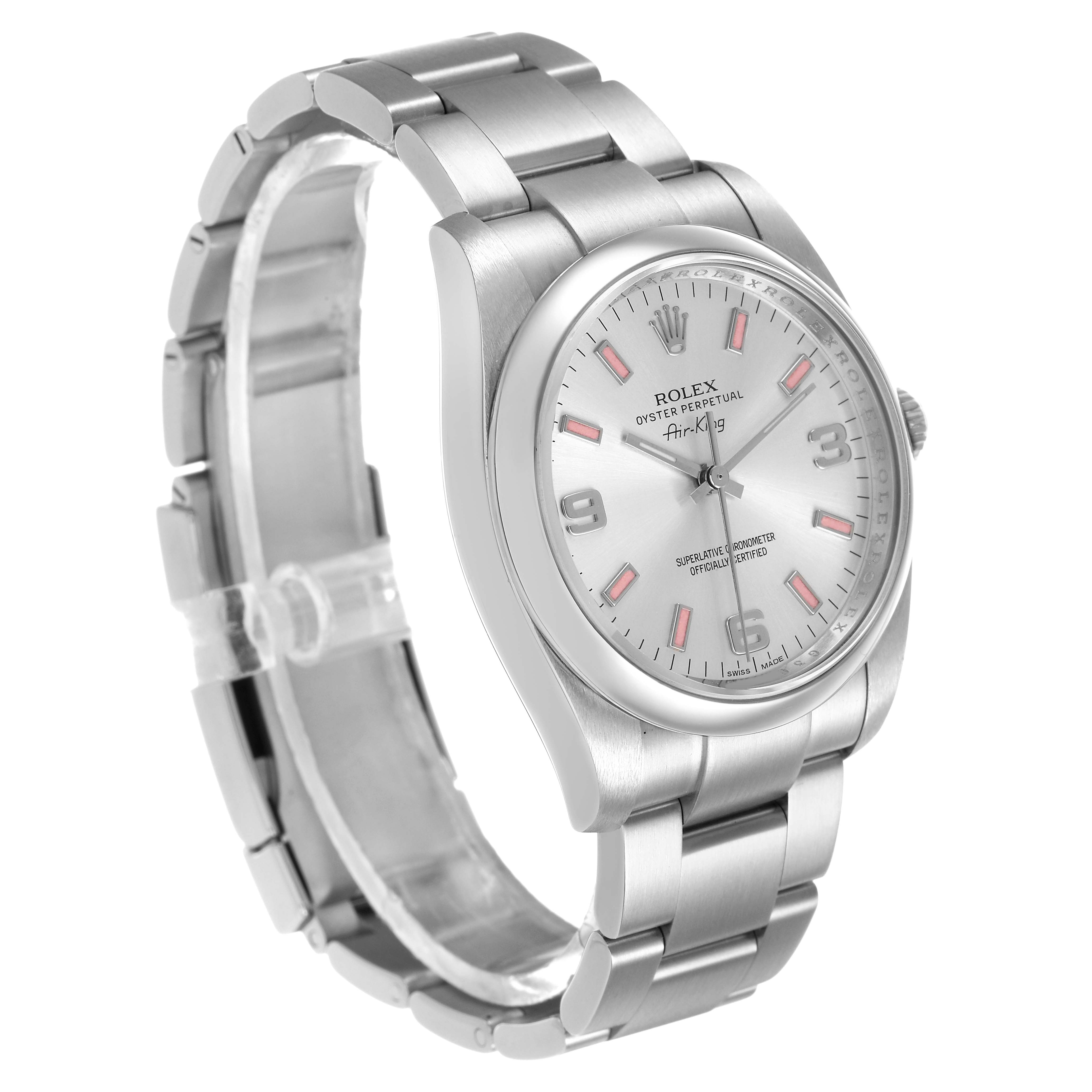 The Rolex Air-King 114200 Men's Stainless Steel Silver Dial watch is shown at a three-quarter angle, displaying the face, bezel, crown, and bracelet.