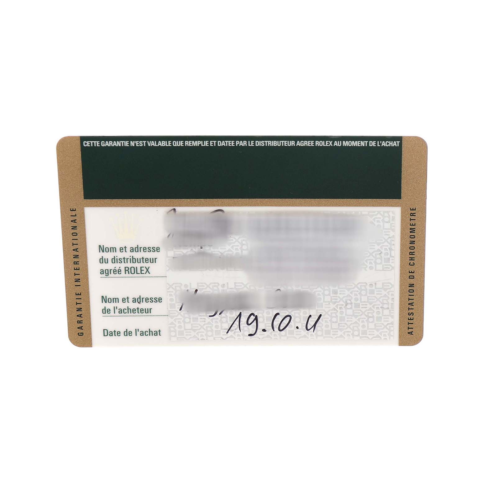 This image shows a Rolex Air-King 114200 Men's Stainless Steel Silver Dial warranty card, displaying details related to purchase and authenticity.