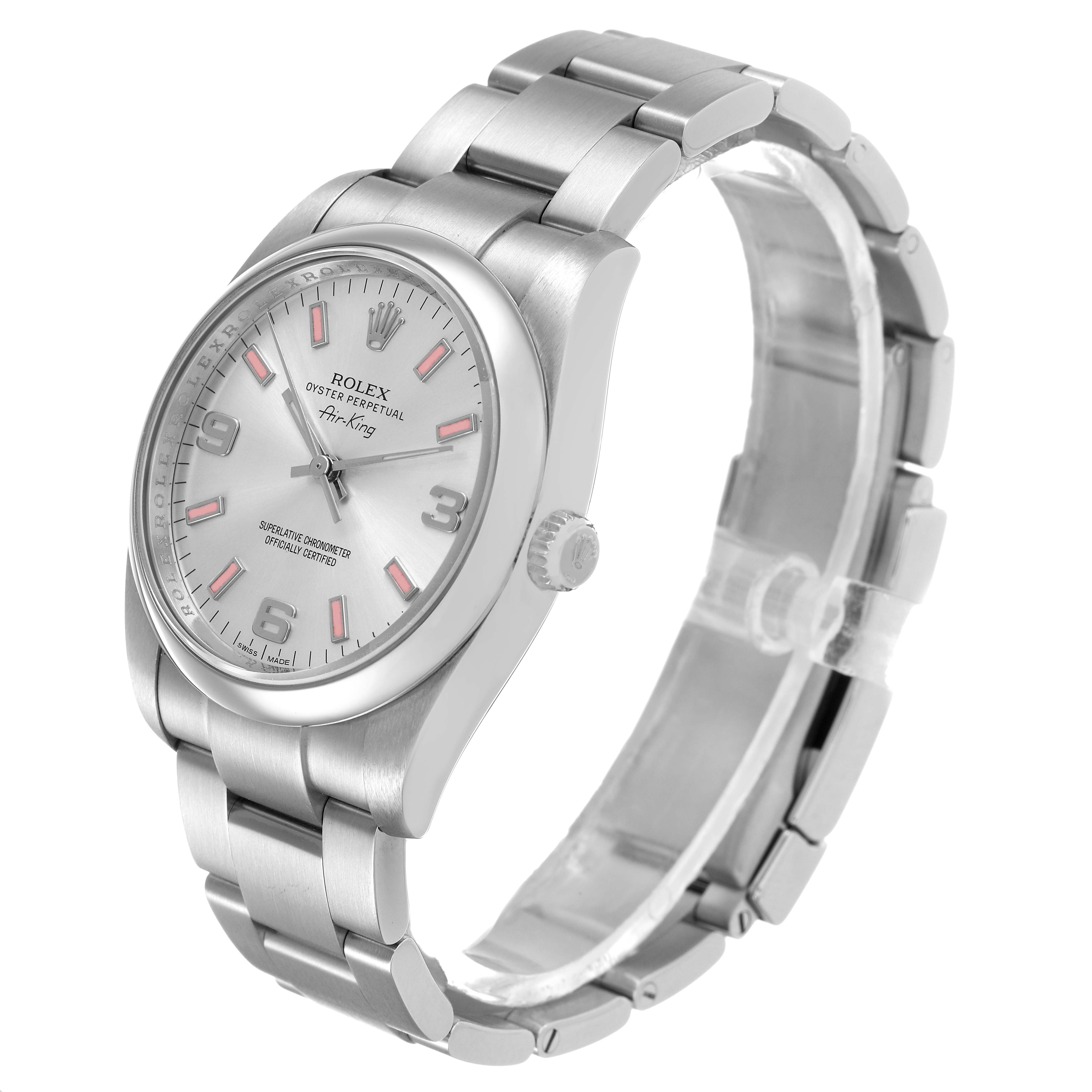 The Rolex Air-King 114200 Men's Stainless Steel Silver Dial watch is shown at a three-quarter angle, displaying the dial, bezel, crown, and bracelet.