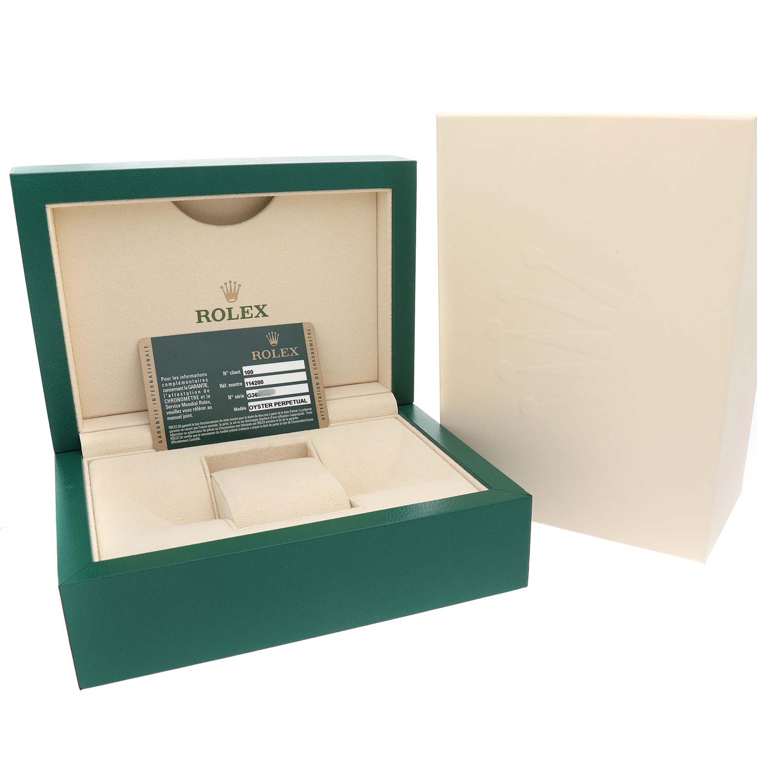 The image shows a Rolex Air-King 114200 Men's Stainless Steel Silver Dial box with its open lid, a certification card, and an outer sleeve.