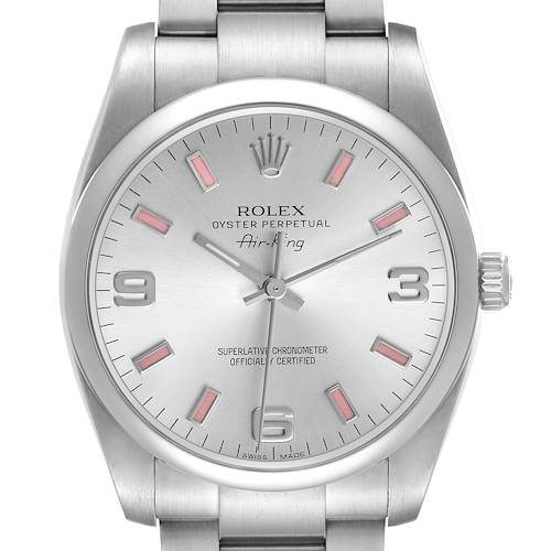 The image shows a front view of the Rolex Air-King 114200 Men's Stainless Steel Silver Dial watch, displaying its face, markers, hands, and part of the bracelet.