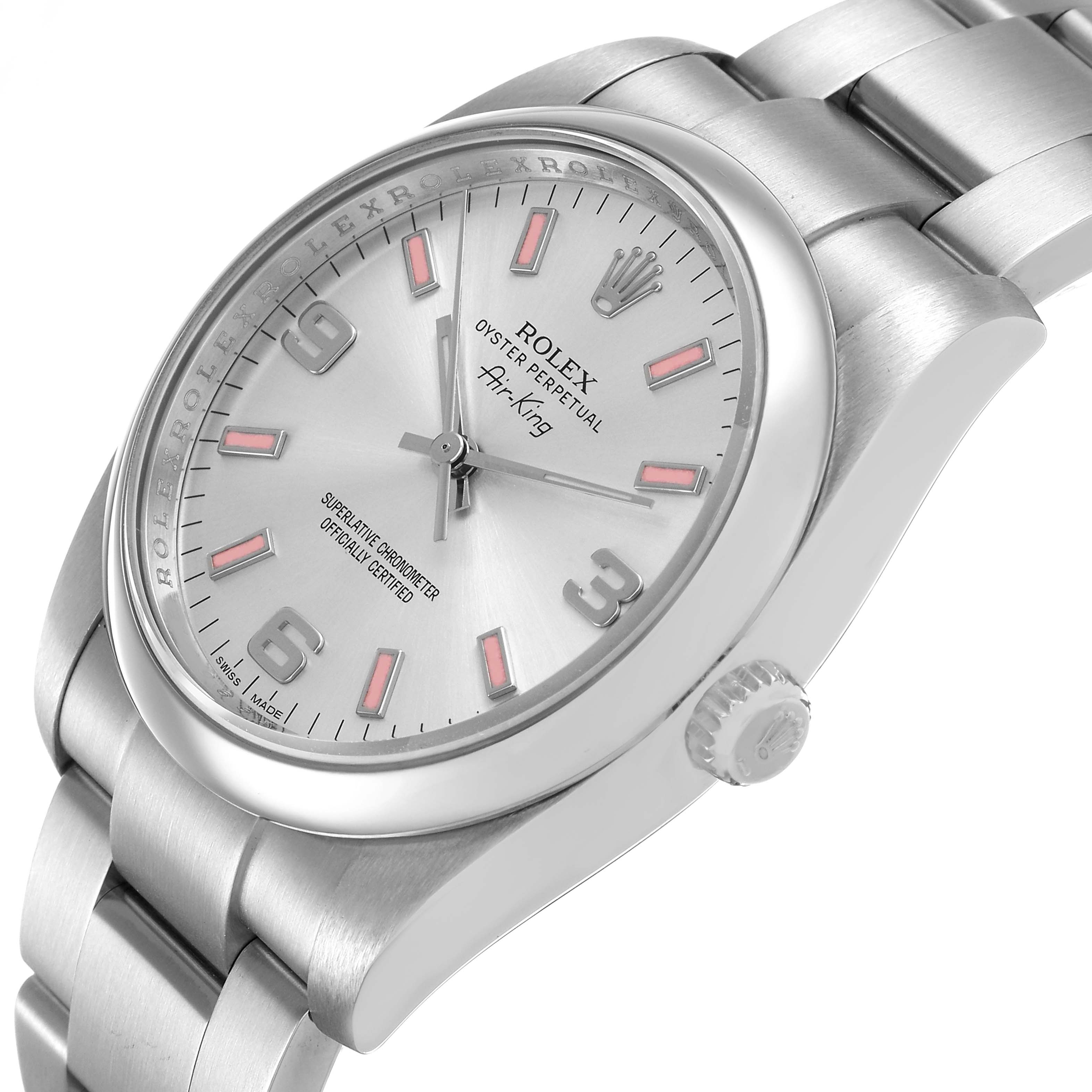 The Rolex Air-King 114200 Men's Stainless Steel Silver Dial watch is shown at a slight oblique angle, highlighting the dial, bezel, crown, and bracelet.