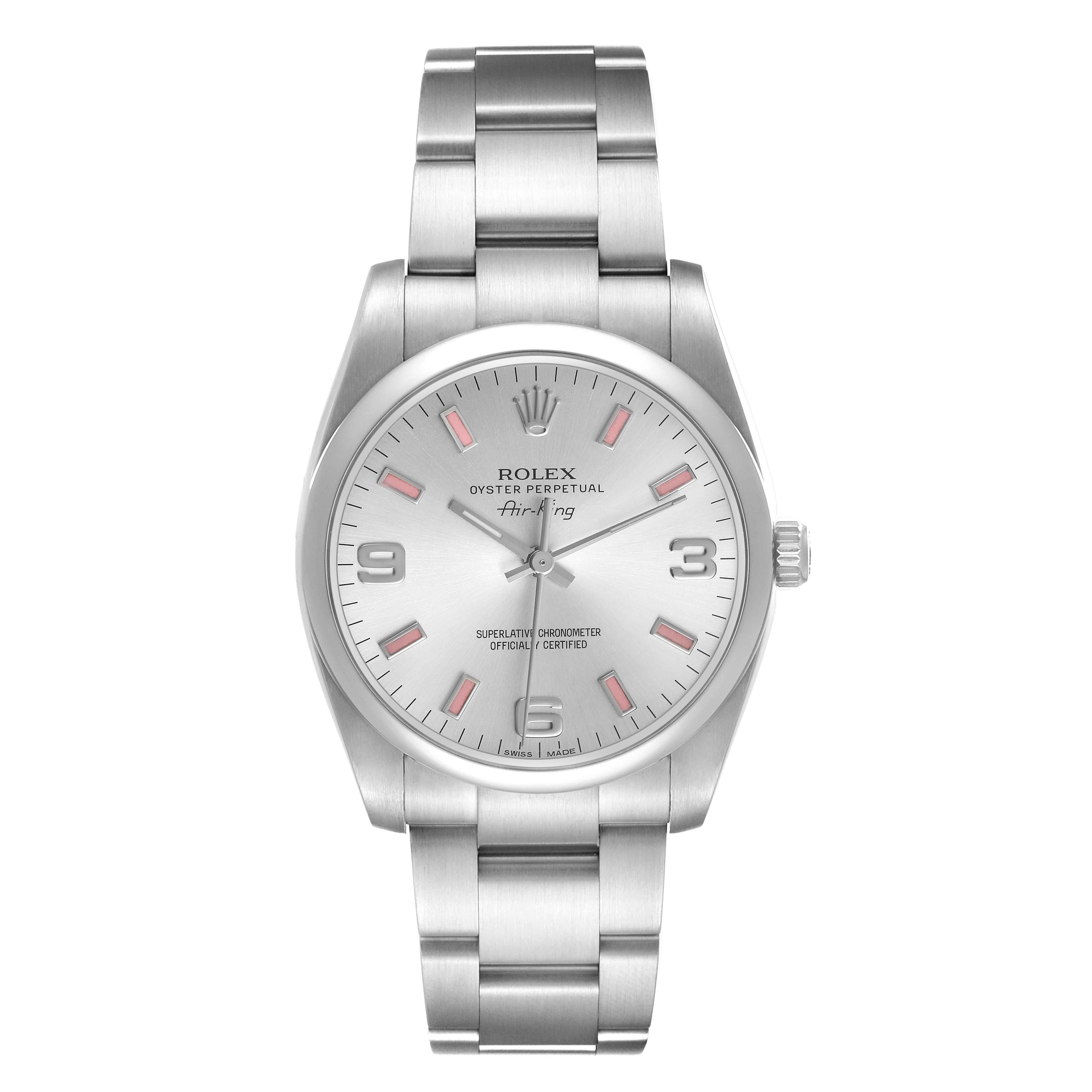 The Rolex Air-King 114200 Men's Stainless Steel Silver Dial watch is shown from a front view, displaying its face, bezel, and bracelet.