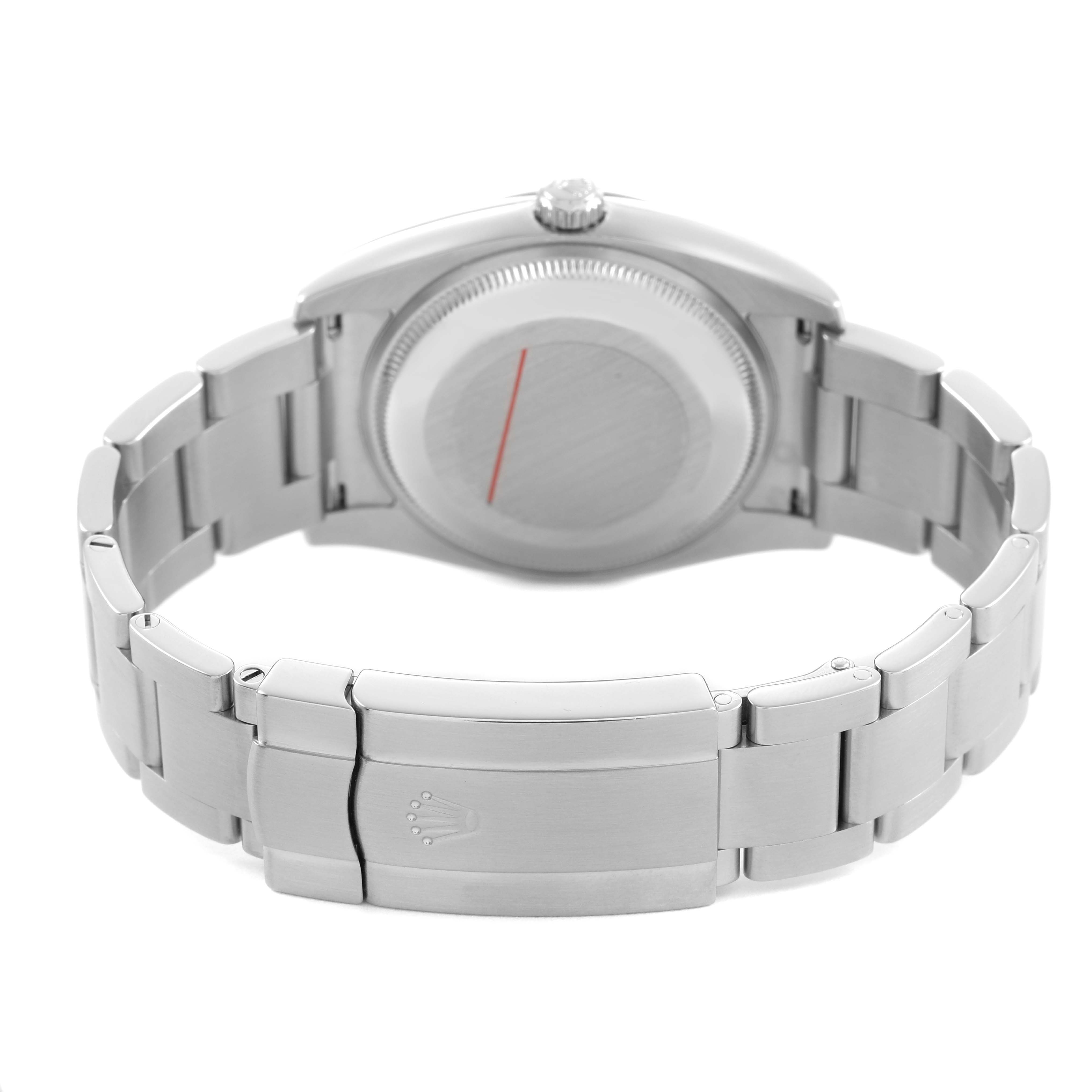 The image shows the Rolex Air-King 114200 Men's Stainless Steel Silver Dial watch from a rear angle, focusing on the case back, bracelet, and clasp.