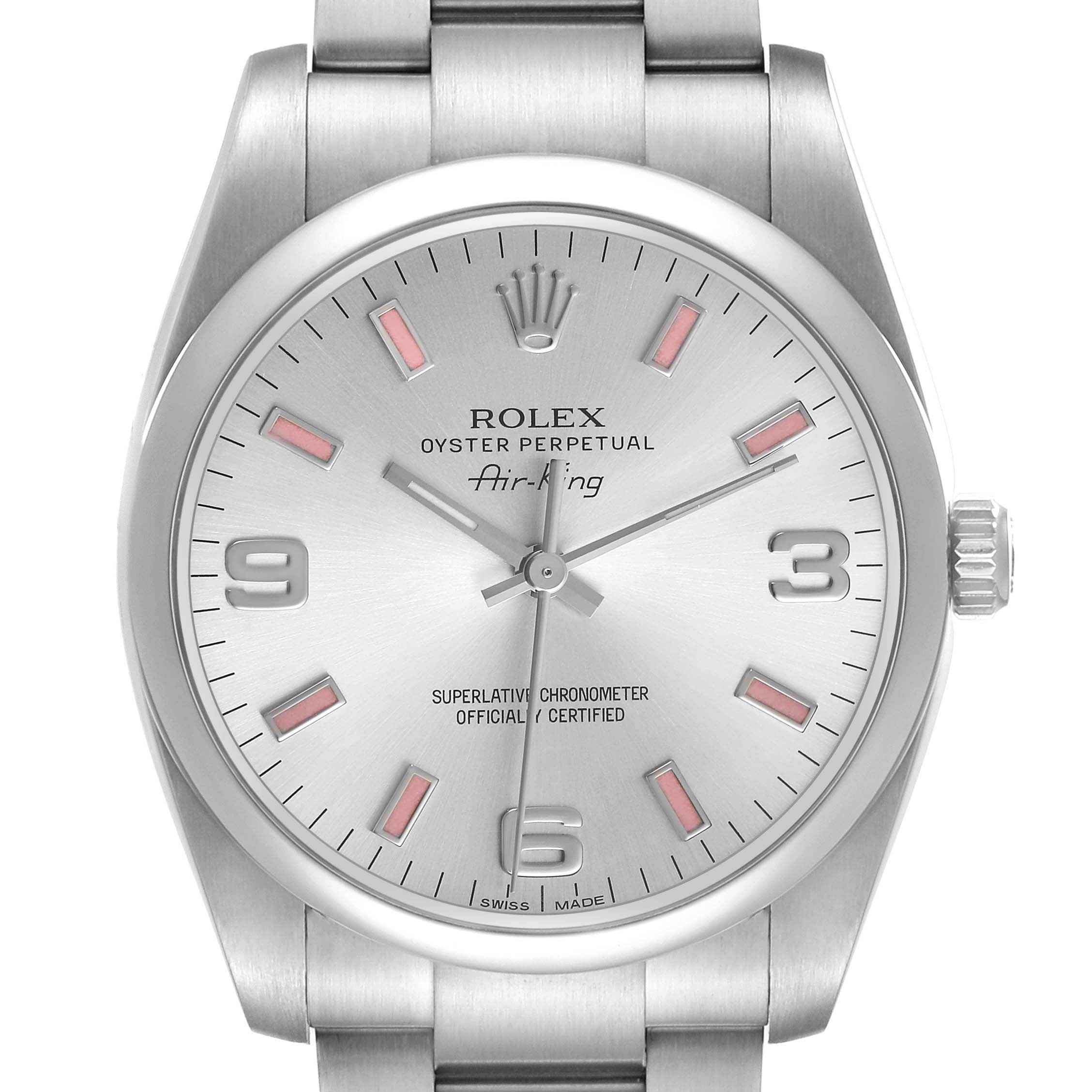 The image shows a front view of a Rolex Air-King 114200 Men's Stainless Steel Silver Dial watch, displaying the dial, hands, and crown.