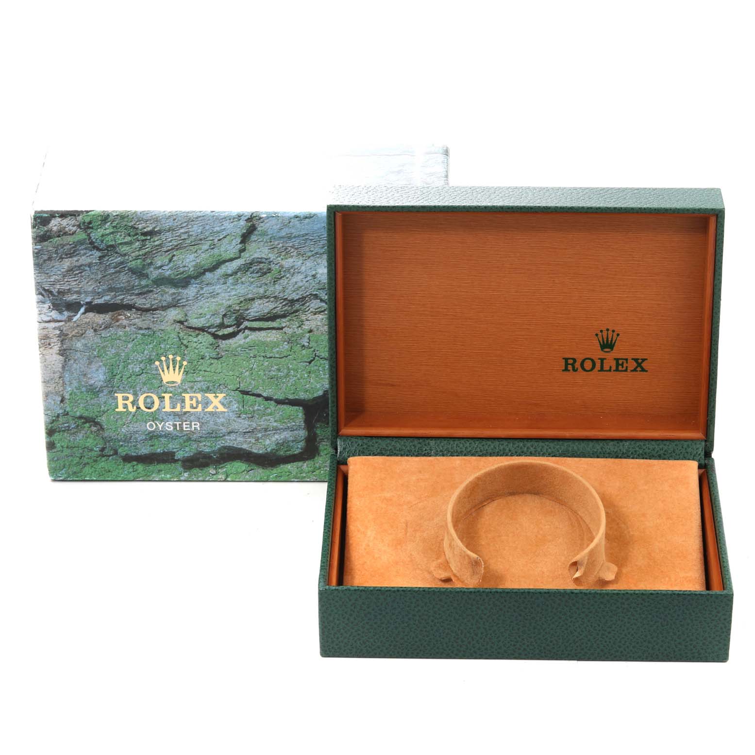 The image shows a Rolex Air-King 14000 Men's Stainless Steel Blue Dial 14000 Men's Stainless Steel Blue Dial model watch box and cushion from an angle revealing the exterior packaging and the open interior.