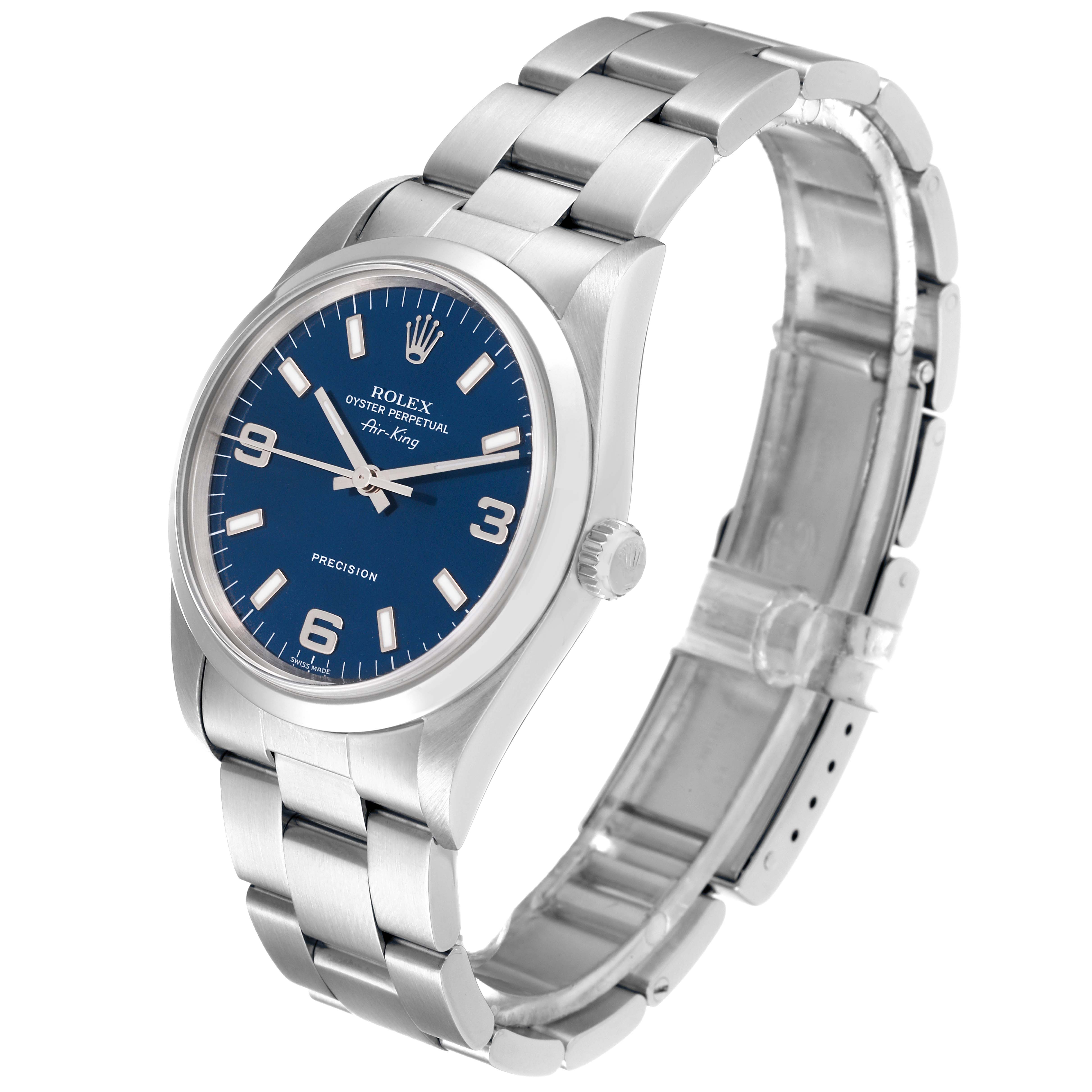 The image shows a Rolex Air-King 14000 Men's Stainless Steel Blue Dial 14000 Men's Stainless Steel Blue Dial watch at a three-quarter angle, showcasing its blue dial and stainless steel bracelet.