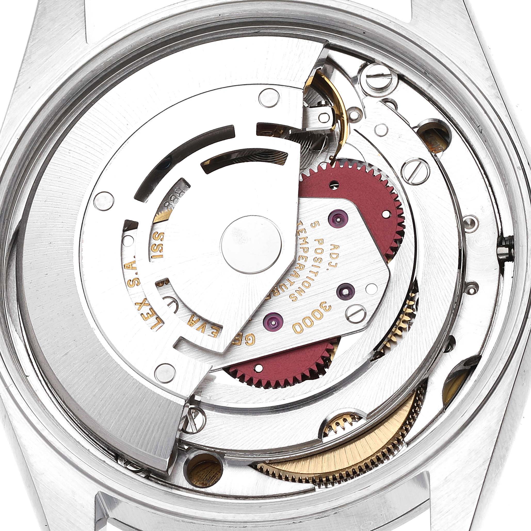 This image shows an internal view of the Rolex Air-King 14000 Men's Stainless Steel Blue Dial 14000 Men's Stainless Steel Blue Dial model, revealing the mechanical movement and components.