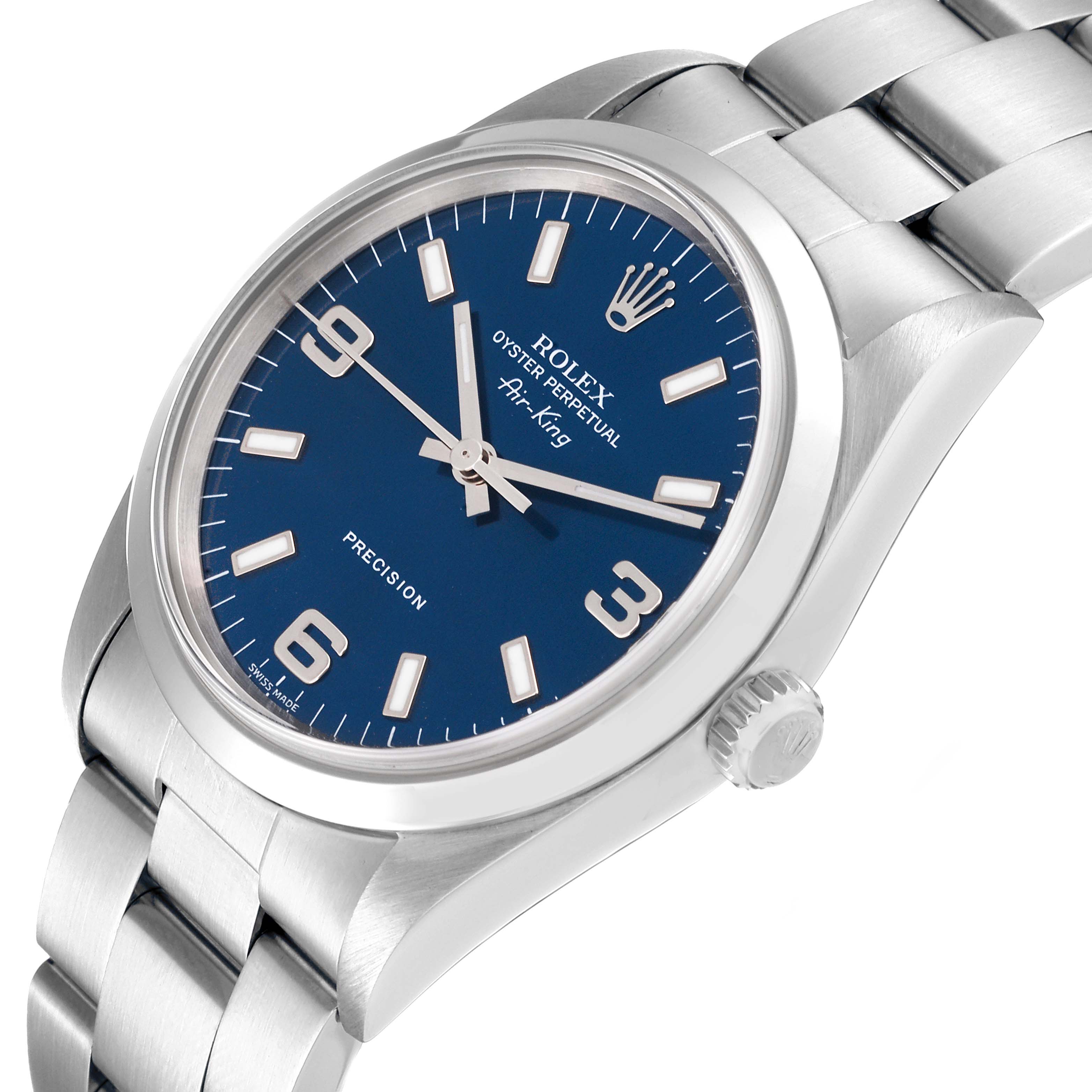 The image shows a Rolex Air-King 14000 Men's Stainless Steel Blue Dial 14000 Men's Stainless Steel Blue Dial watch at an angled view, highlighting its blue dial, stainless steel case, and bracelet.