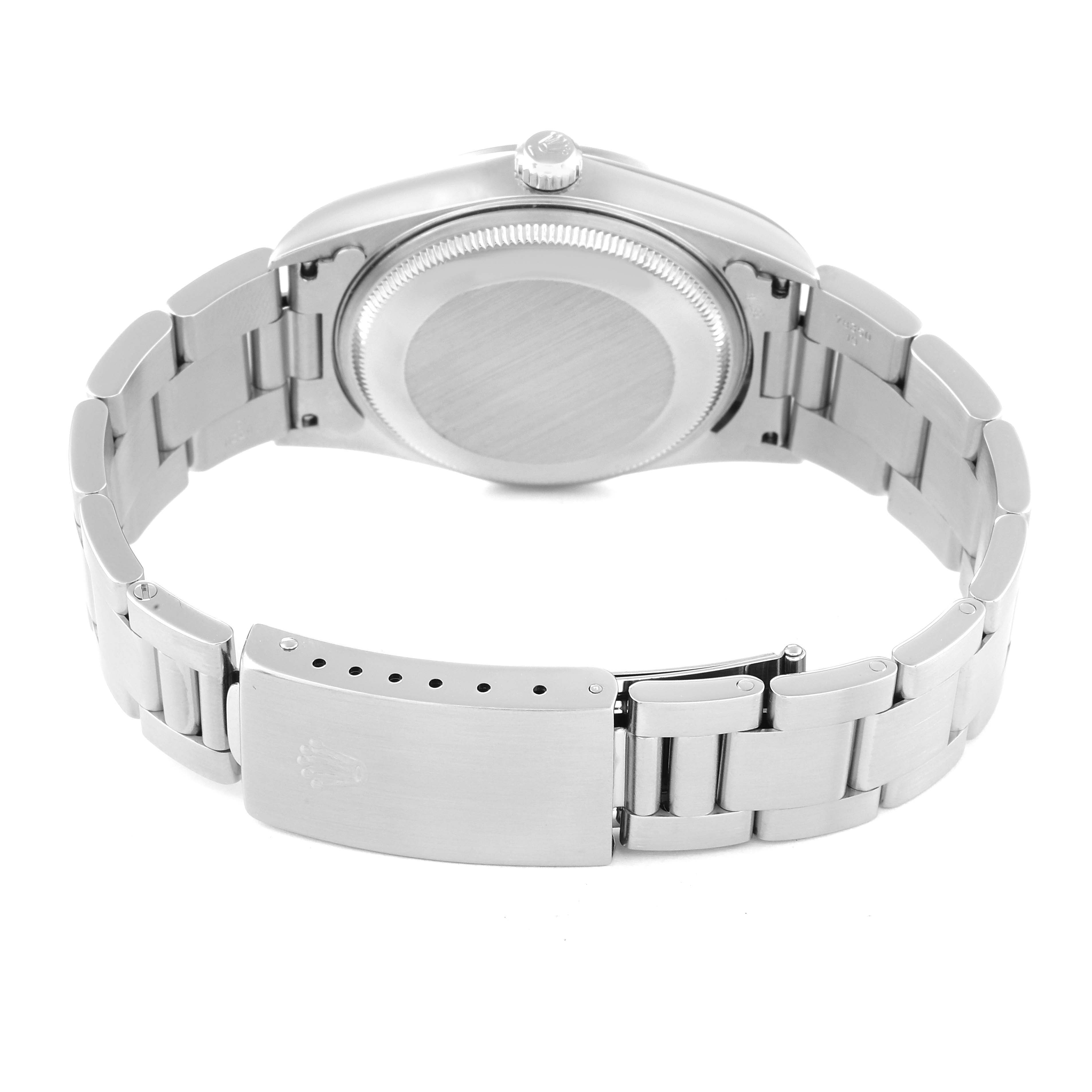 This is a rear view of the Rolex Air-King 14000 Men's Stainless Steel Blue Dial 14000 Men's Stainless Steel Blue Dial showing the closed clasp, bracelet, and watch back.