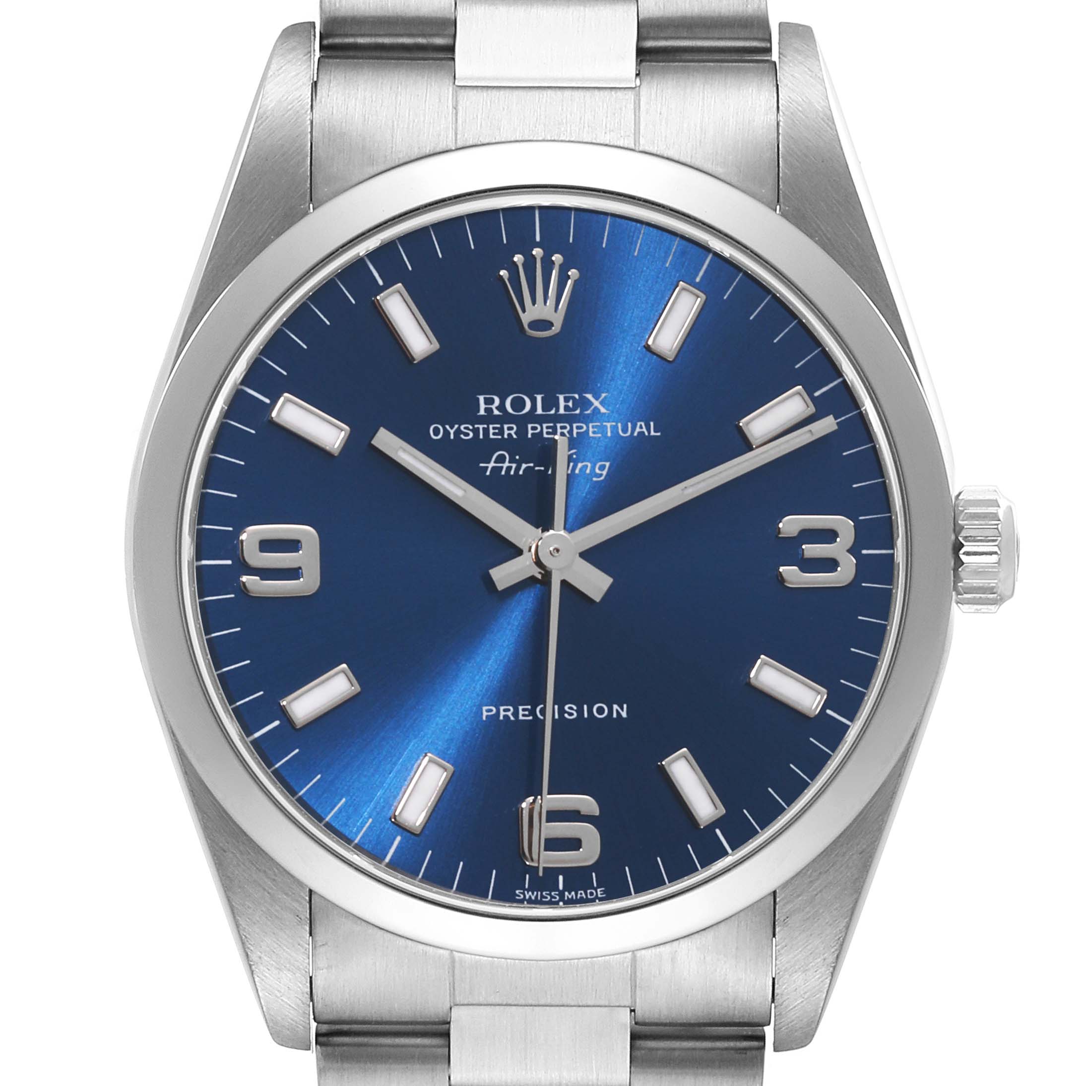 The image shows a close-up front view of the Rolex Air-King 14000 Men's Stainless Steel Blue Dial 14000 Men's Stainless Steel Blue Dial watch, highlighting the dial, hands, and part of the bracelet.