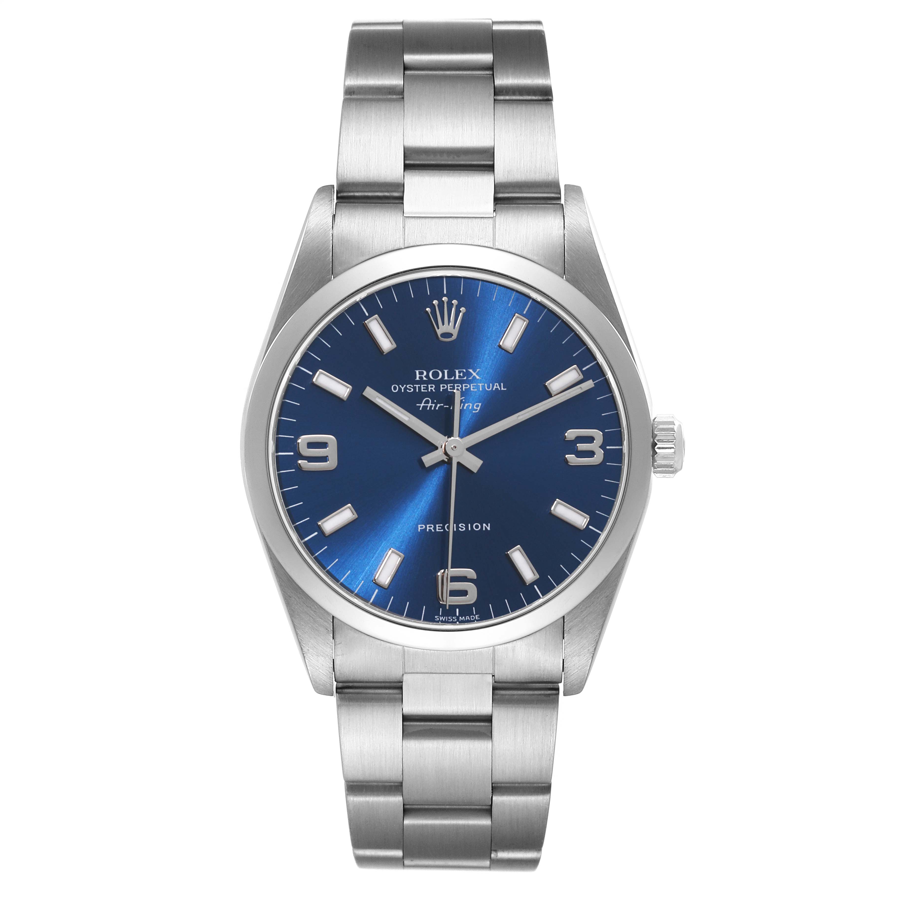 The image displays a frontal view of the Rolex Air-King 14000 Men's Stainless Steel Blue Dial 14000 Men's Stainless Steel Blue Dial watch, showcasing the face, dial, case, and bracelet.