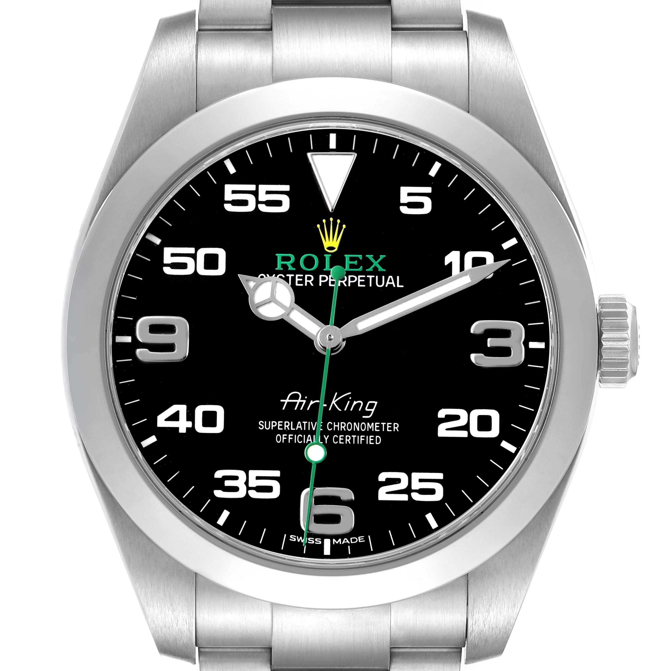 The Rolex Air-King M116900-0001 Men's Stainless Steel Black Dial watch is shown from the front, displaying the black dial, numerals, hands, crown, and part of the bracelet.