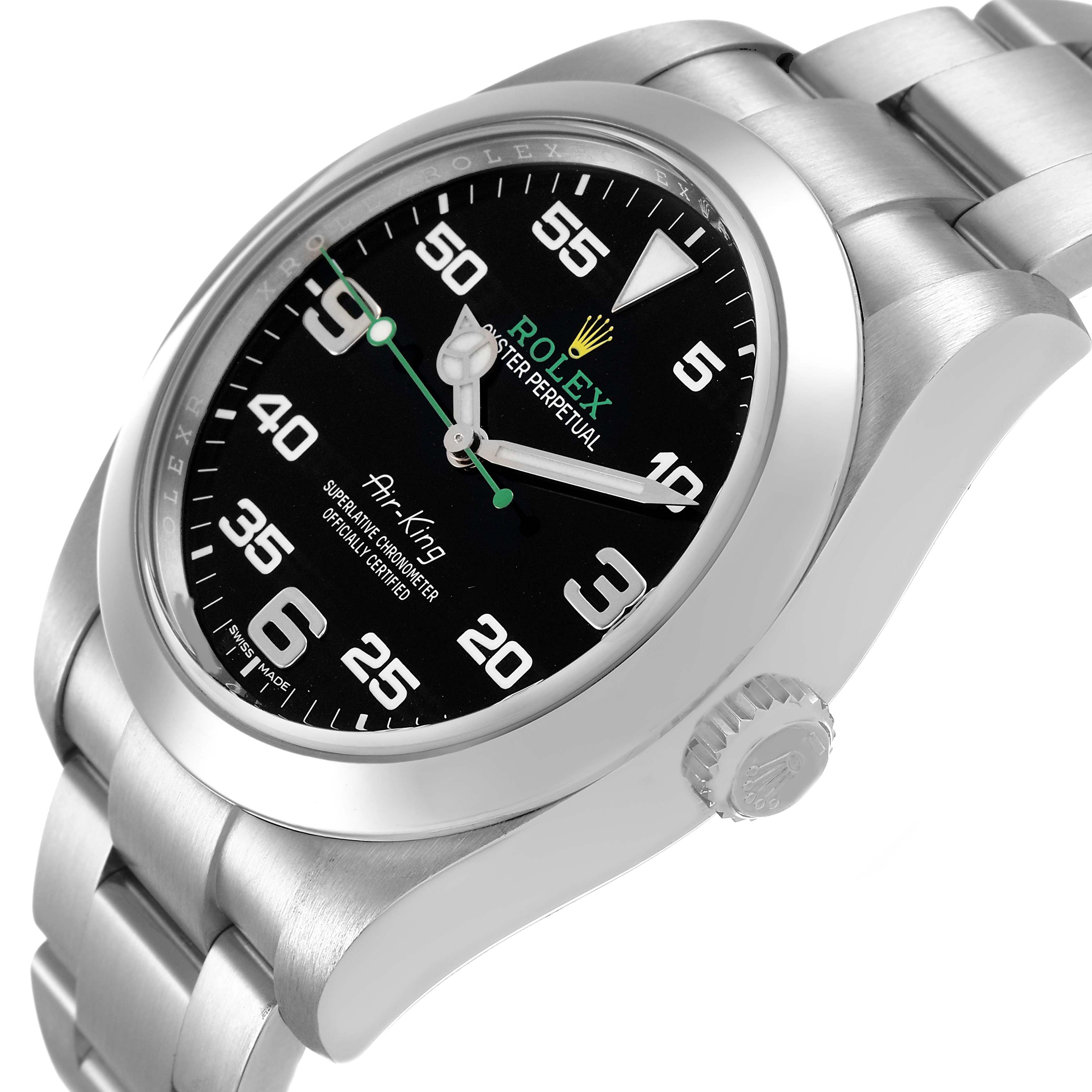 The Rolex Air-King M116900-0001 Men's Stainless Steel Black Dial watch is shown at a slight angle, displaying the dial, bezel, crown, and bracelet.