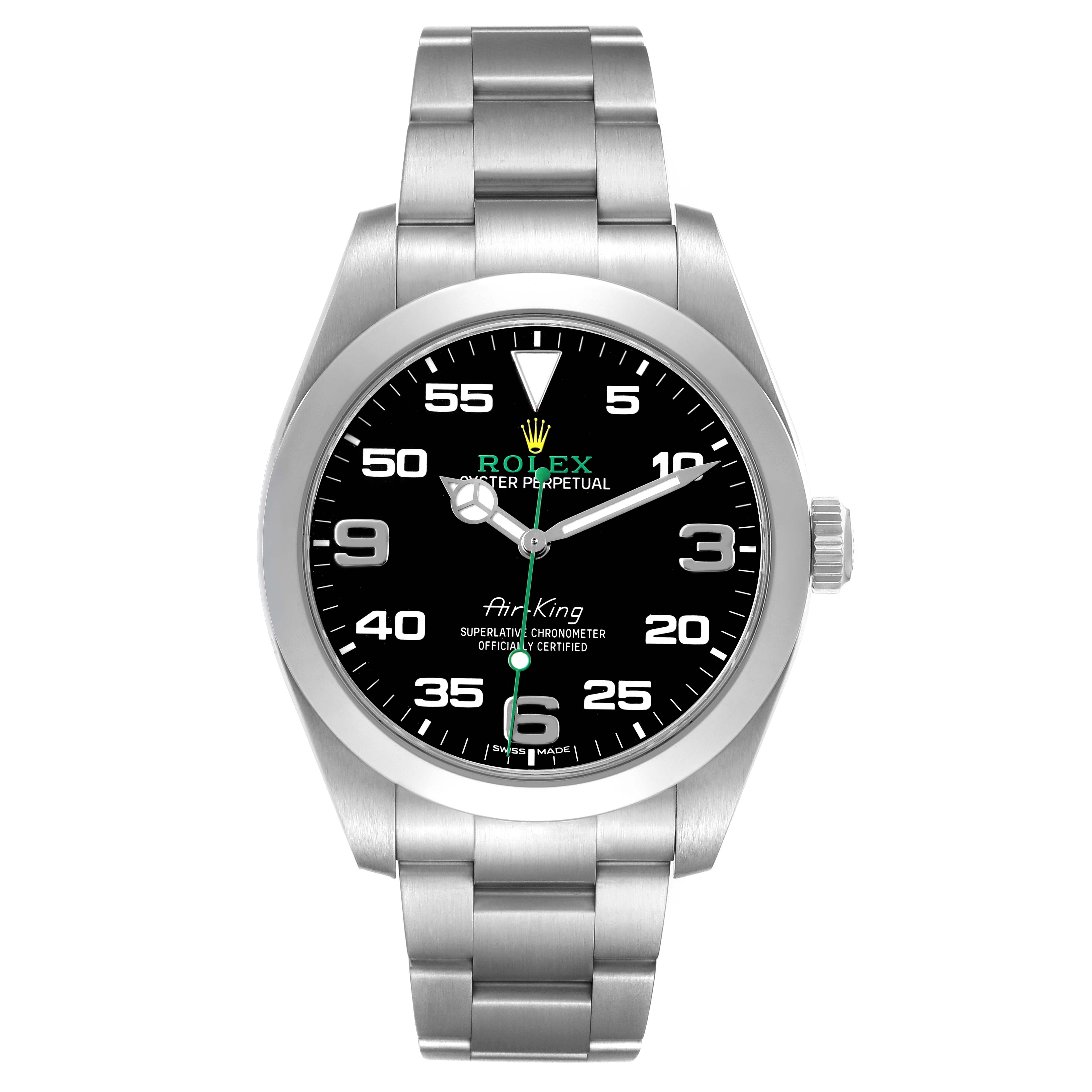 The Rolex Air-King M116900-0001 Men's Stainless Steel Black Dial watch is shown from a front angle, displaying its face, bezel, crown, and bracelet.