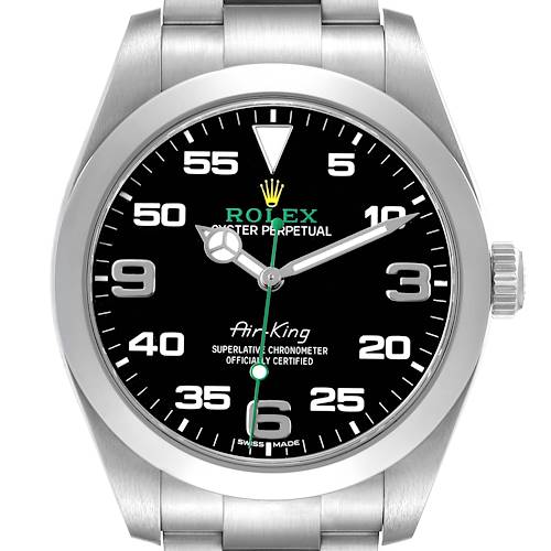 The image shows a frontal view of the Rolex Air-King M116900-0001 Men's Stainless Steel Black Dial, highlighting its dial, bezel, bracelet, and crown.