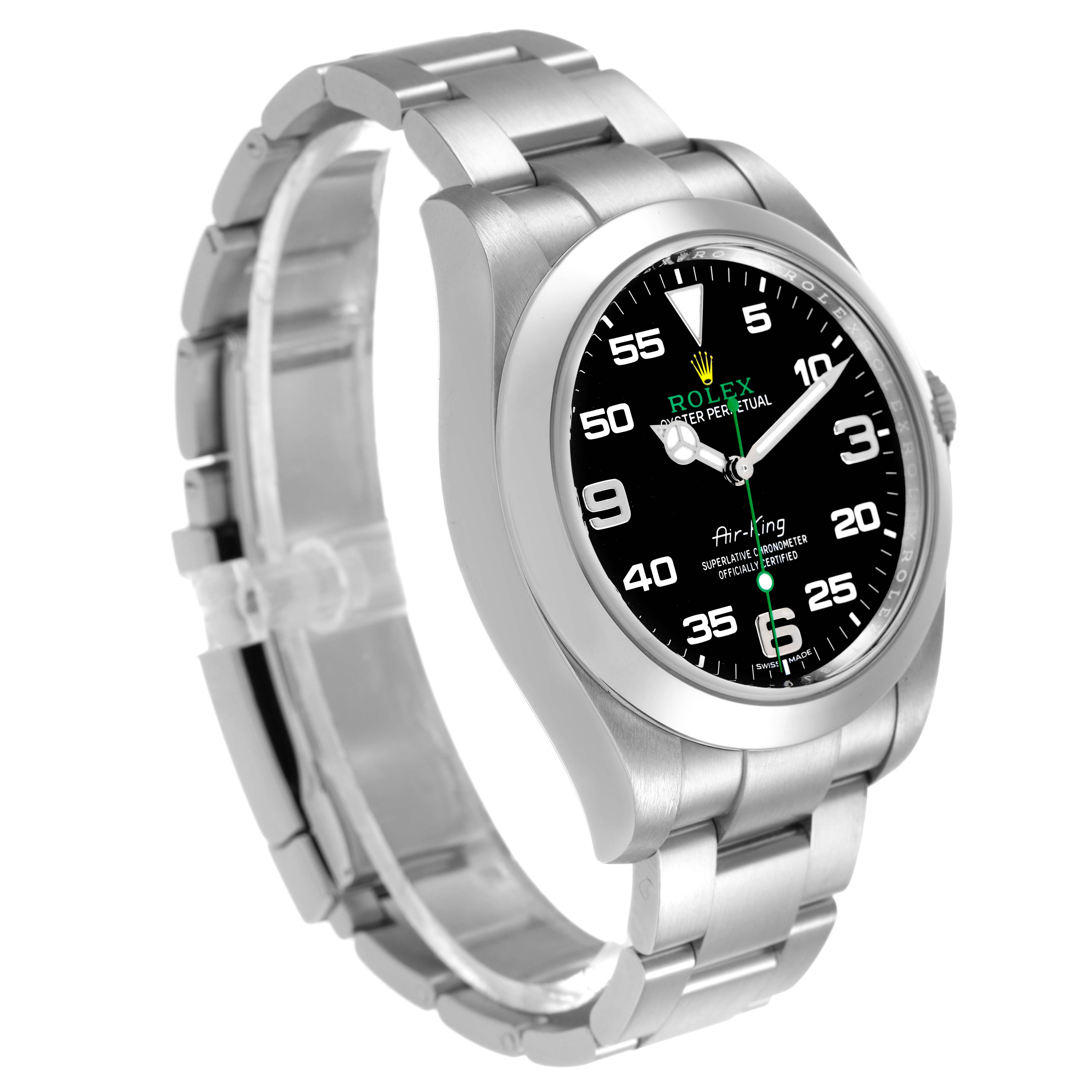 The image shows a Rolex Air-King M116900-0001 Men's Stainless Steel Black Dial watch at a slight angle, highlighting the bracelet, bezel, and dial.