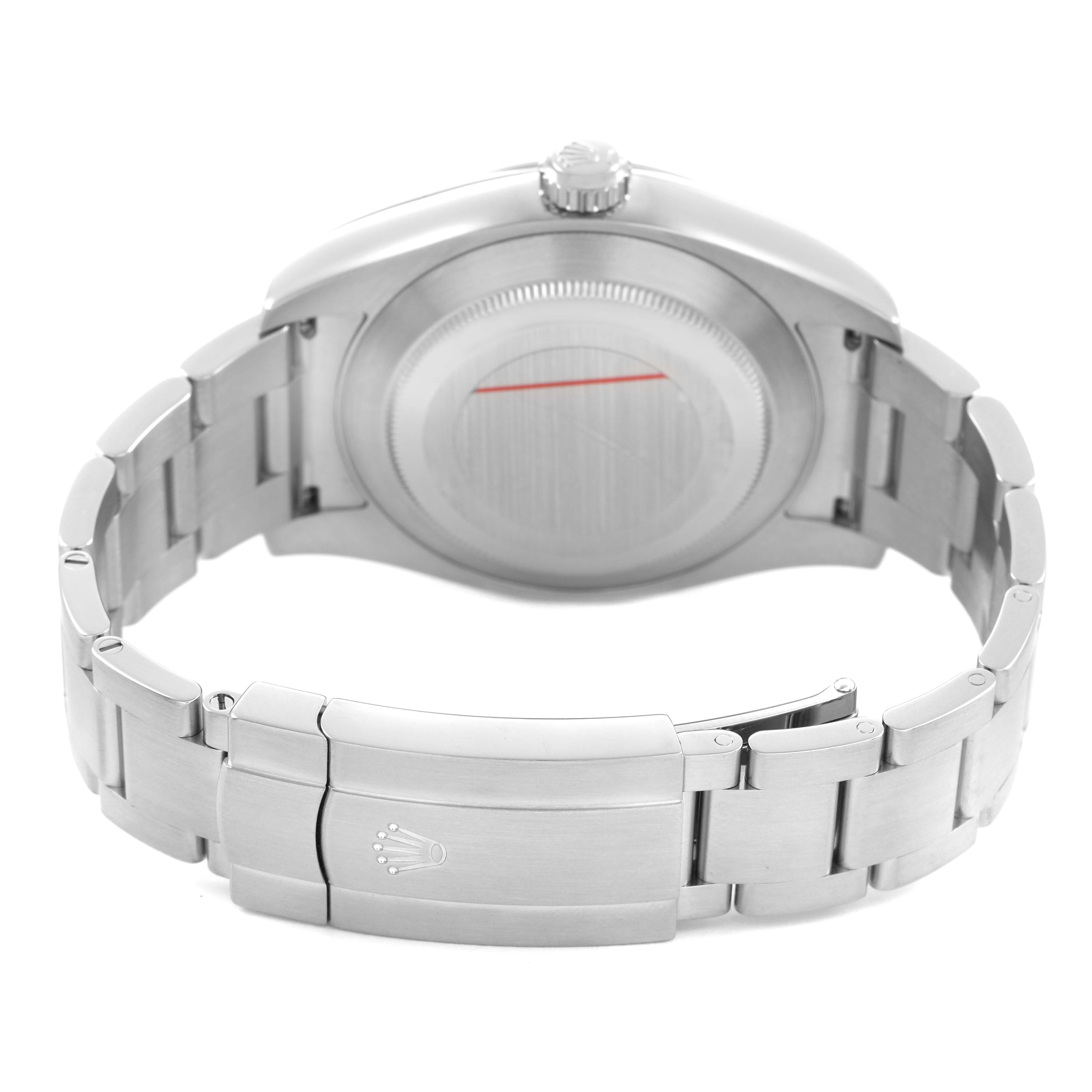 The image shows the back case and bracelet of a Rolex Air-King M116900-0001 Men's Stainless Steel Black Dial watch, highlighting the clasp and crown.