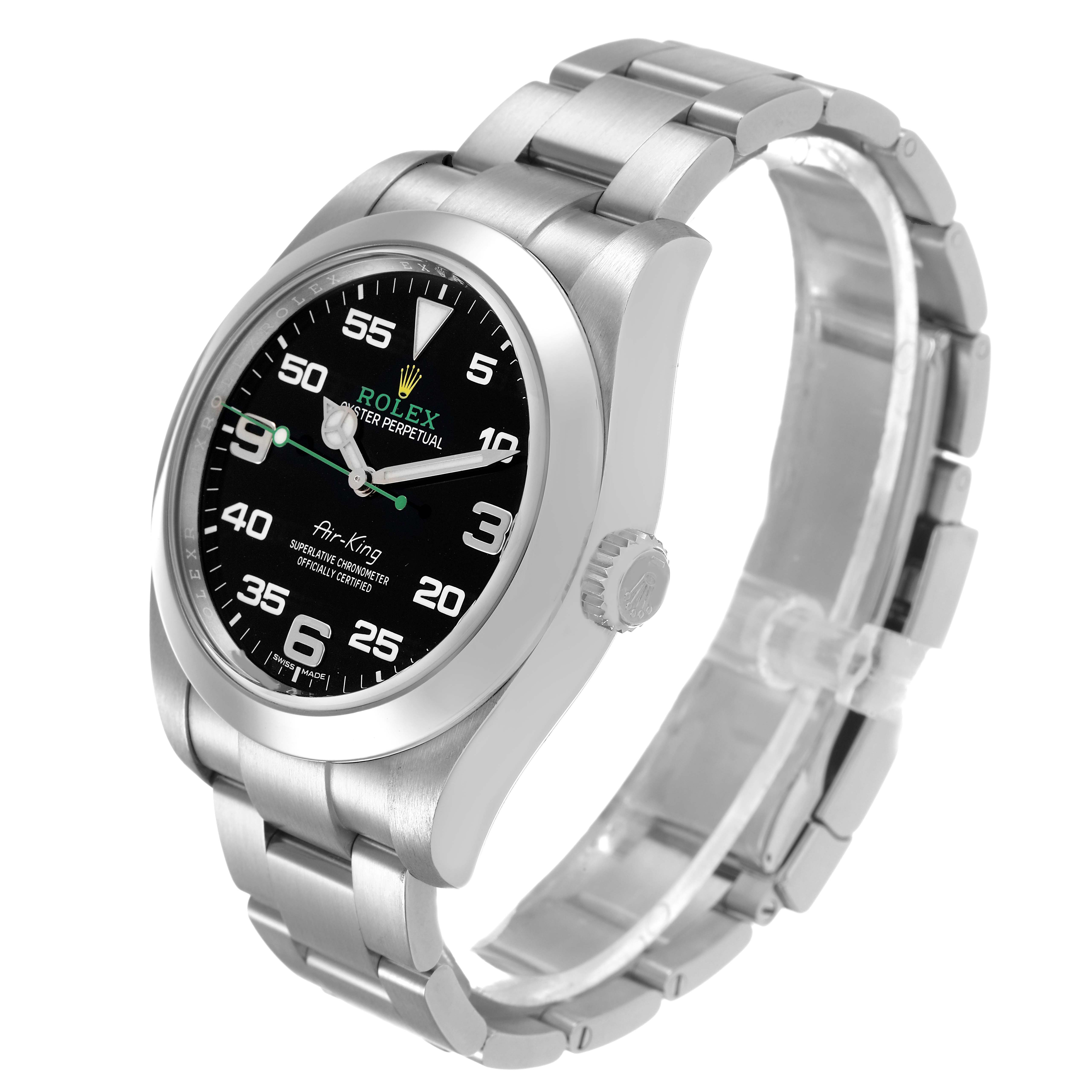 The Rolex Air-King M116900-0001 Men's Stainless Steel Black Dial watch is shown at a three-quarter angle, highlighting the face, crown, and bracelet.