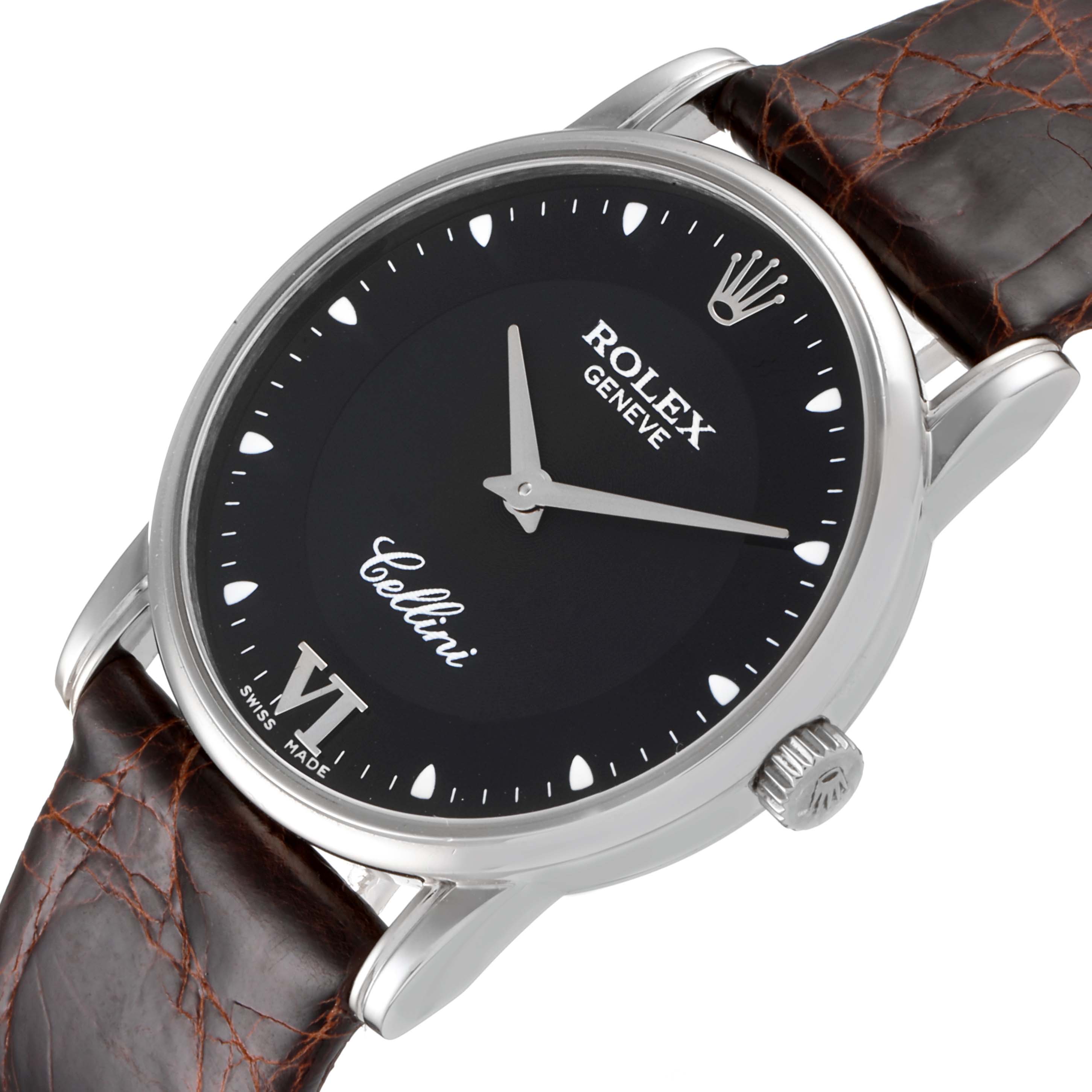 This image shows a close-up angled view of the Rolex Cellini 5116 Men's White Gold Black Dial 5116 Men's White Gold Black Dial watch, highlighting its black face and brown leather strap.