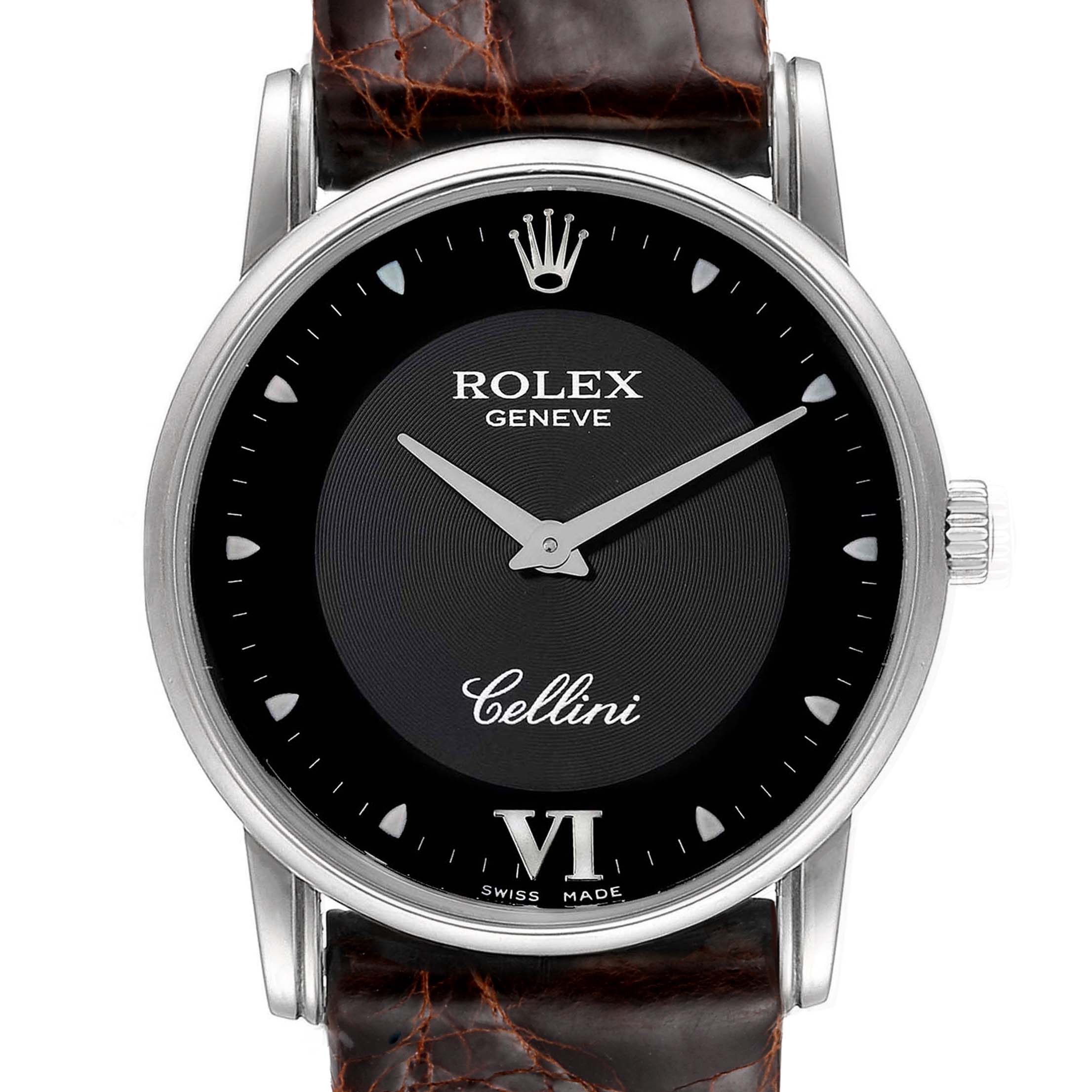 This image shows a front, close-up view of the Rolex Cellini 5116 Men's White Gold Black Dial 5116 Men's White Gold Black Dial watch, highlighting the dial, hands, crown, and part of the leather strap.