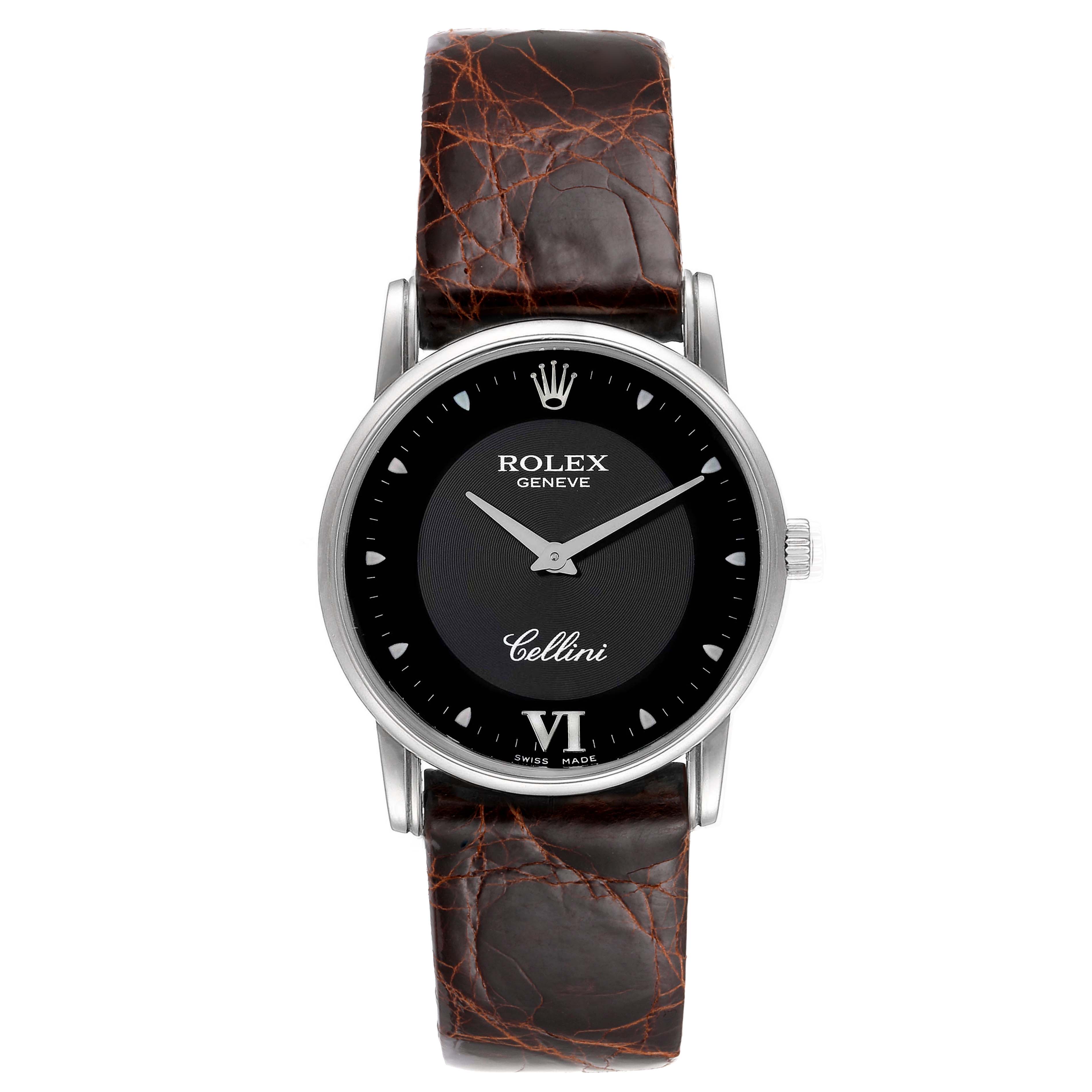 The image shows a front view of a Rolex Cellini 5116 Men's White Gold Black Dial 5116 Men's White Gold Black Dial watch, featuring a black dial and a brown leather strap.