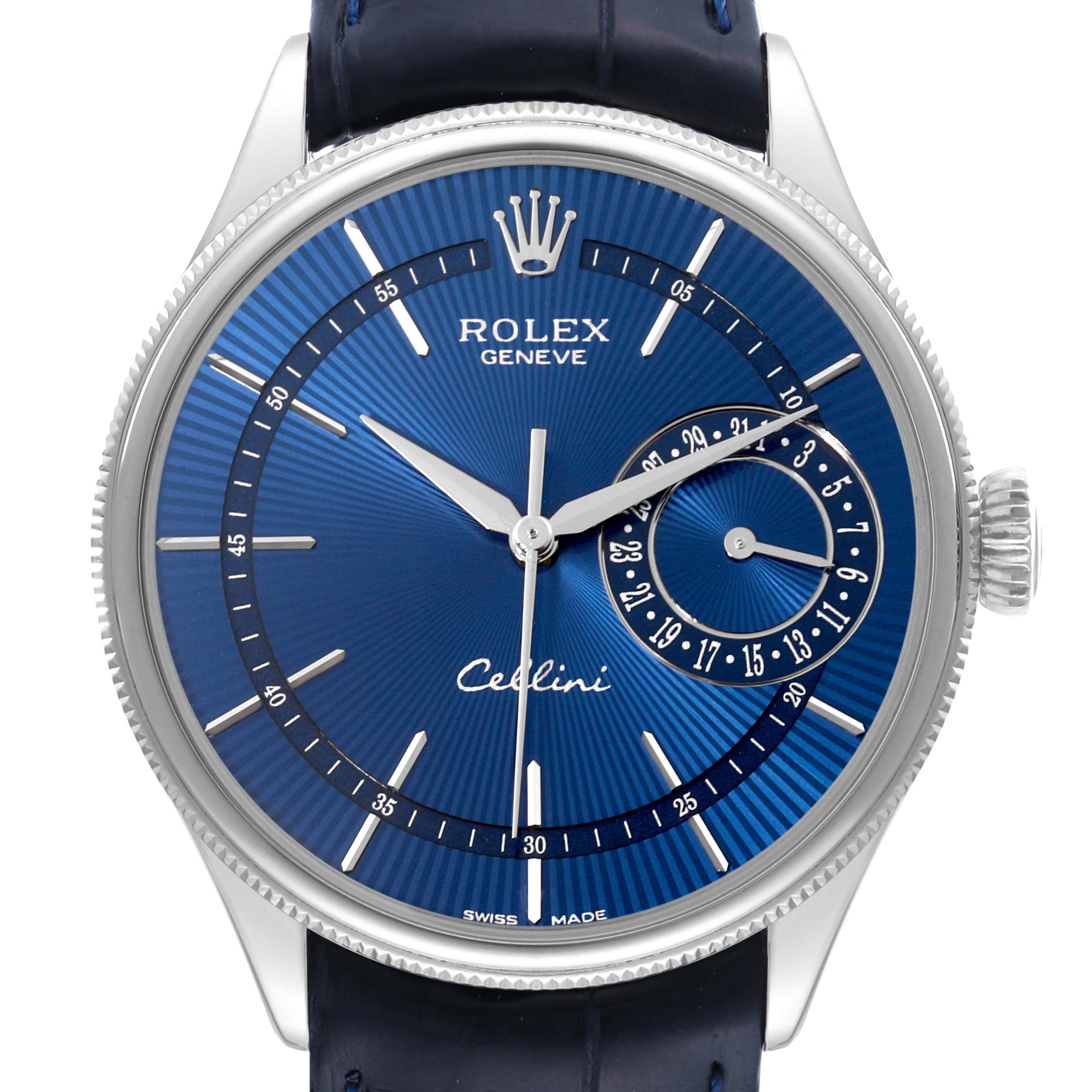 The image shows a front view of a Rolex Cellini 50519 Men
s White Gold Blue Dial 50519 Men
s White Gold Blue Dial watch, displaying the dial, hour markers, hands, sub-dial, and crown.