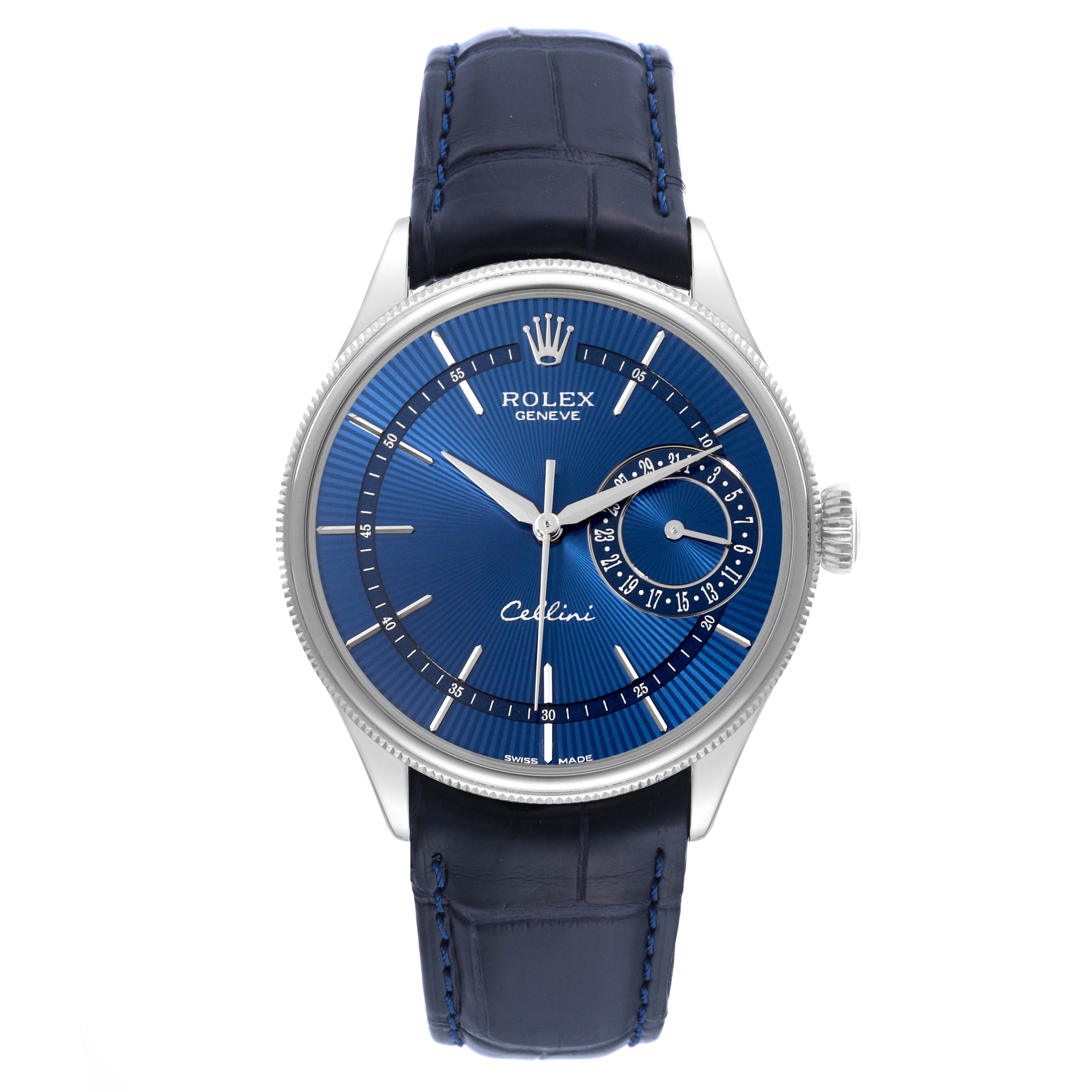 The image shows a Rolex Cellini 50519 Men
s White Gold Blue Dial 50519 Men
s White Gold Blue Dial watch from a front view, displaying the face, bezel, crown, and leather strap.