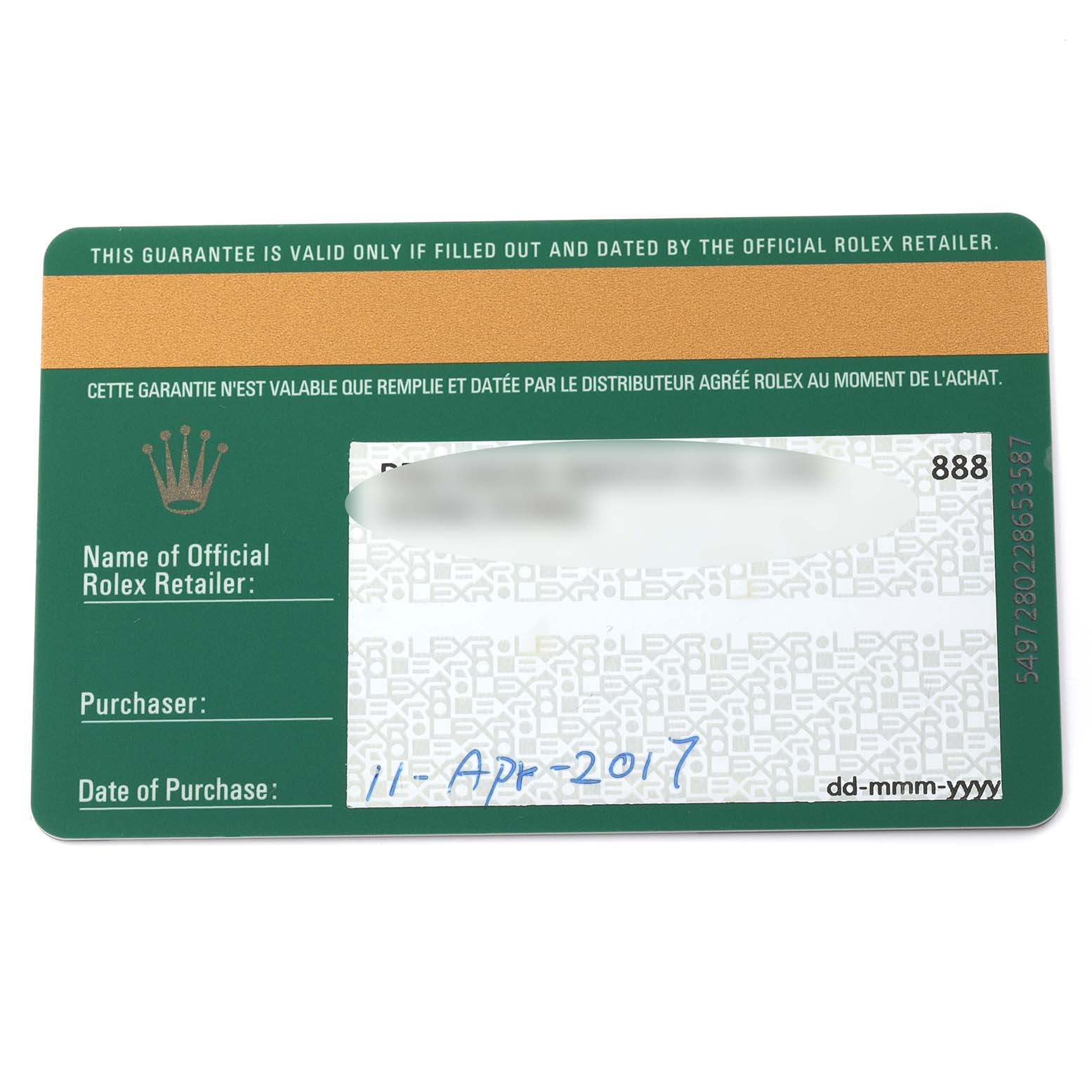 This image shows a guarantee card for a Rolex Cellini 50519 Men
s White Gold Blue Dial 50519 Men
s White Gold Blue Dial model, featuring the date of purchase and retailer information.