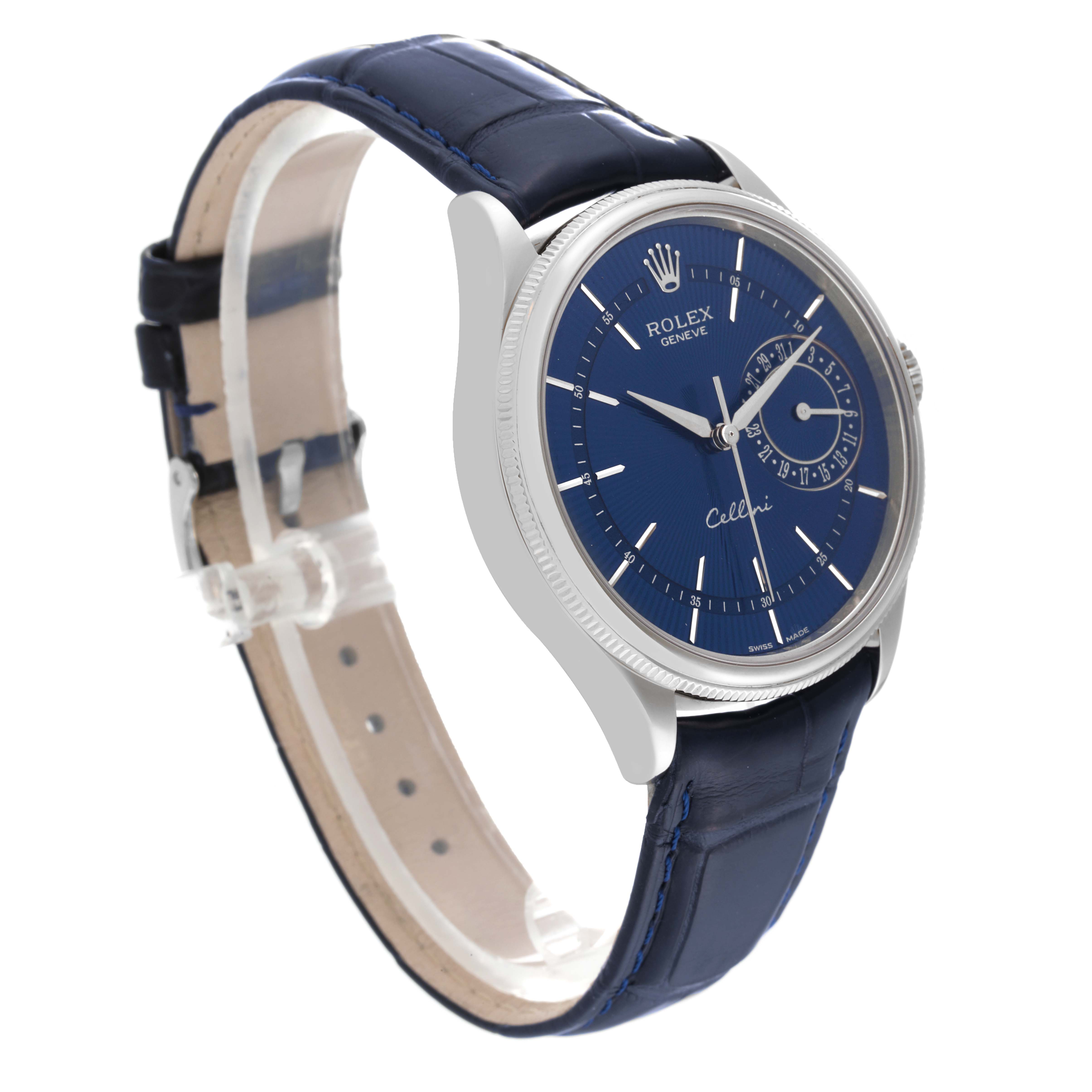 This image shows a side angle of the Rolex Cellini 50519 Men
s White Gold Blue Dial 50519 Men
s White Gold Blue Dial watch, featuring its blue dial, silver case, and blue leather strap.