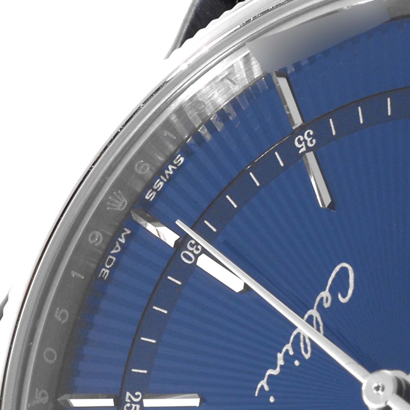 This close-up angle of the Rolex Cellini 50519 Men
s White Gold Blue Dial 50519 Men
s White Gold Blue Dial model watch highlights the blue dial, minute markers, and silver hands.